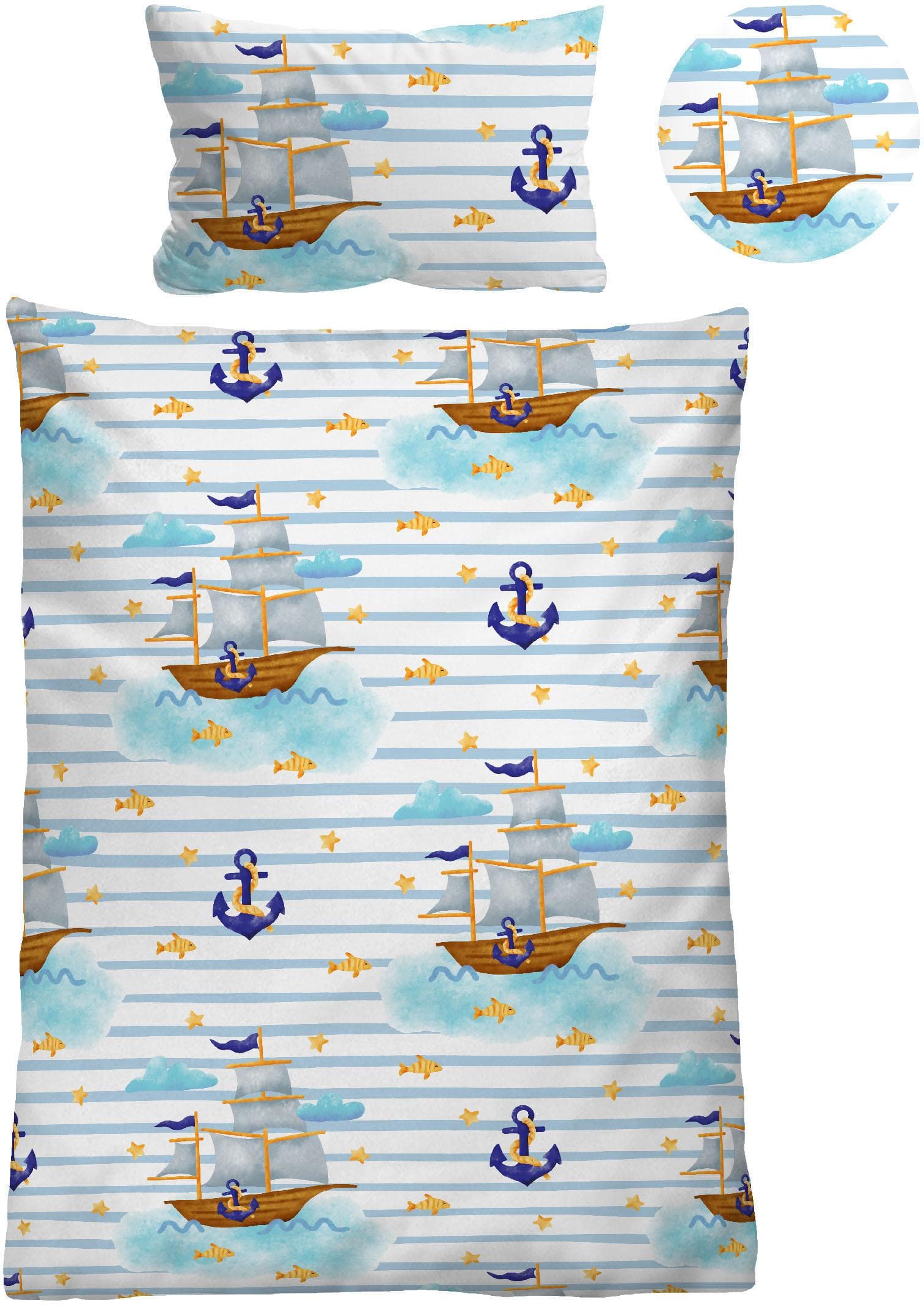 Gemusterte Kinderbettwäsche mit Schiffen