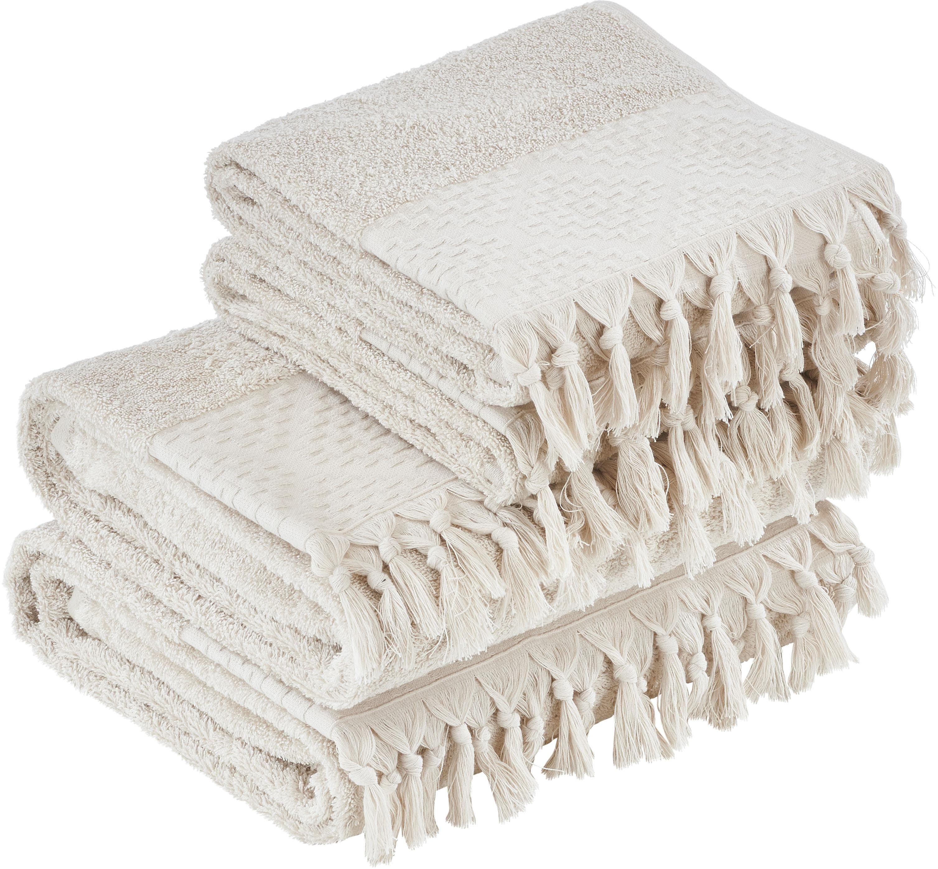 Handtuch Set DONE. Provence Bohéme Beige 4 Stk. Walkfrottier mit auffälliger Borte & Fransen