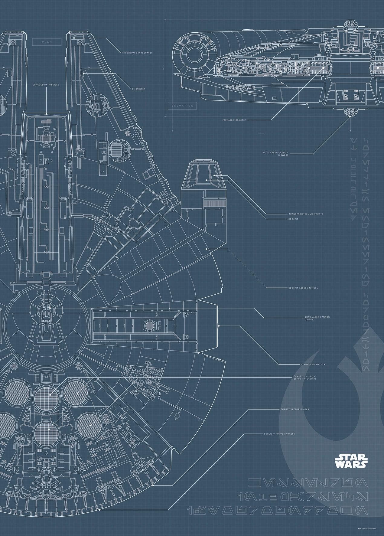 Komar Star Wars Blueprint Falcon Wandbild Schwarz-Weiß