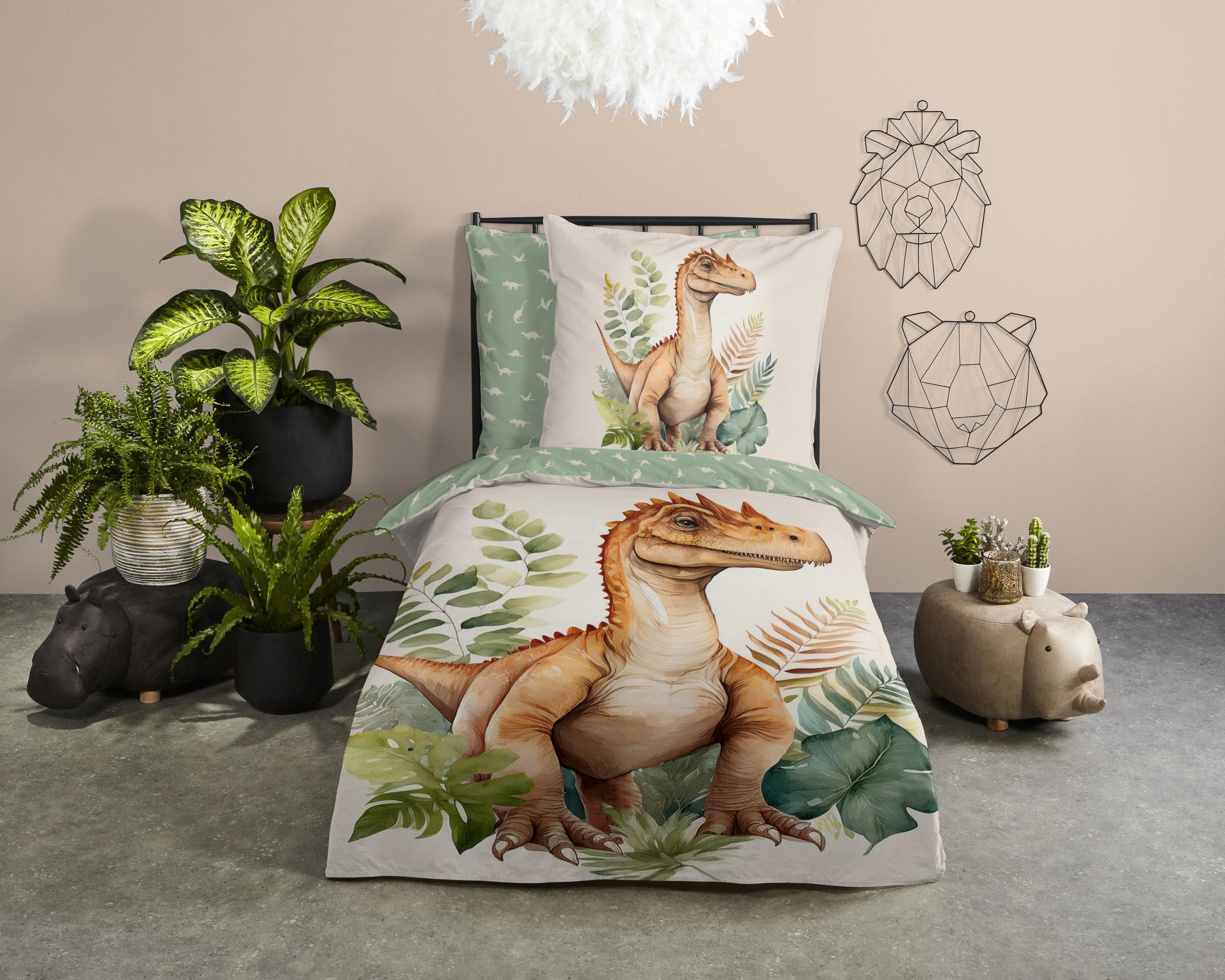 Good Morning Kinderbettwäsche Dino Sand 100% Baumwolle Wendebettwäsche