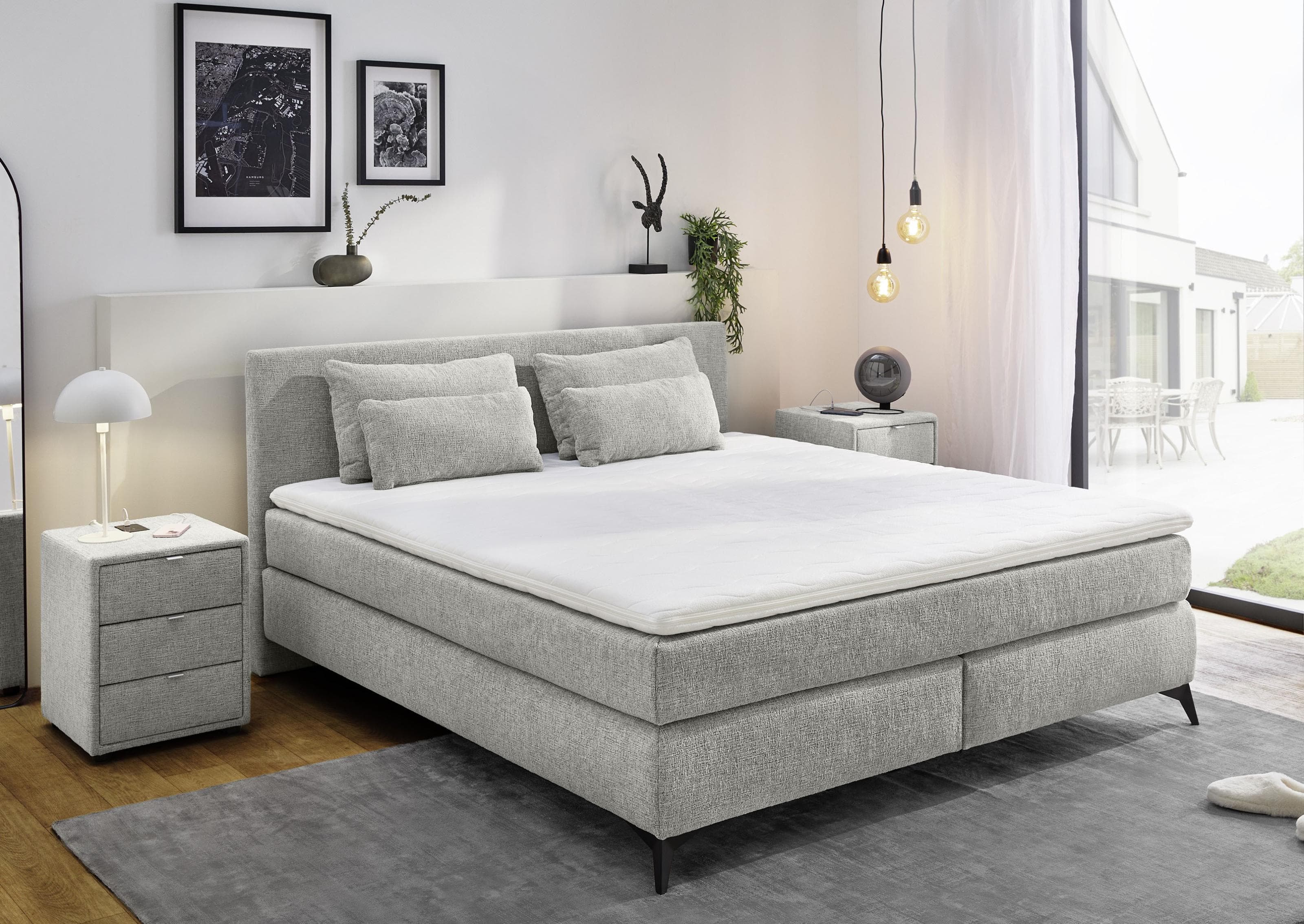 Jockenhöfer Boxspringbett Paulina Grau mit Topper und Kissen