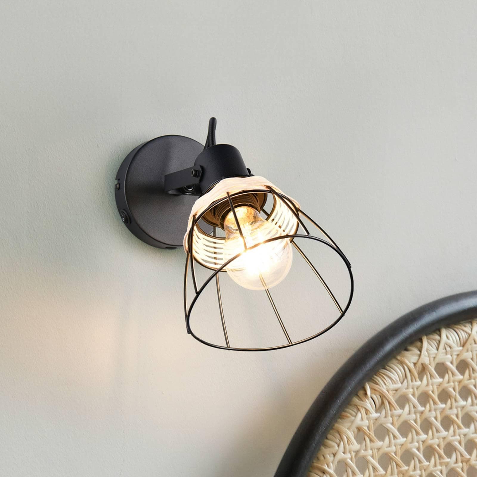 Wandlampe Jerome Ø 14 cm 1-flammig Schwarz Matt Metall Rattan