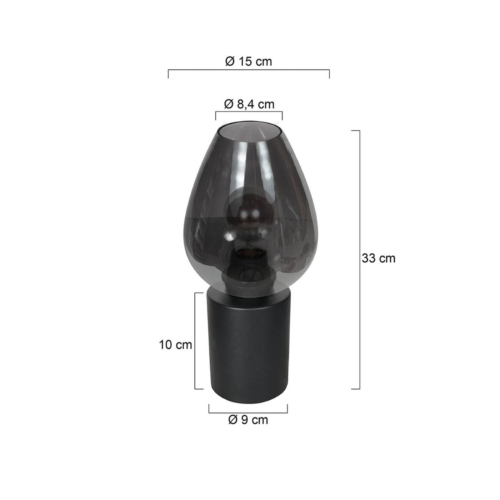 Tischlampe Bloeba, Schwarz/Rauchgrau, Ø 15 cm, Glas Tropfen