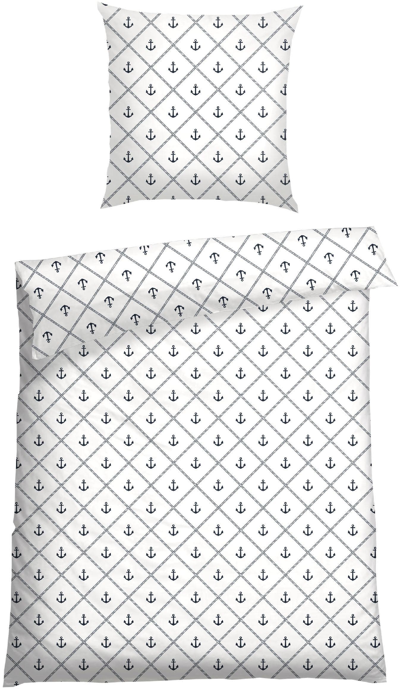 SCHIESSER Bettwäsche Set Weiß-Dunkelblau Maritim 135x200cm