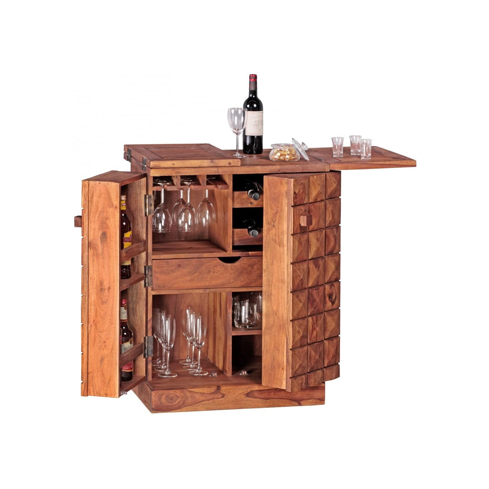 WOHNLING Hausbar Massivholz Sheesham Weinbar ausklappbar Vitrine Landhausstil
