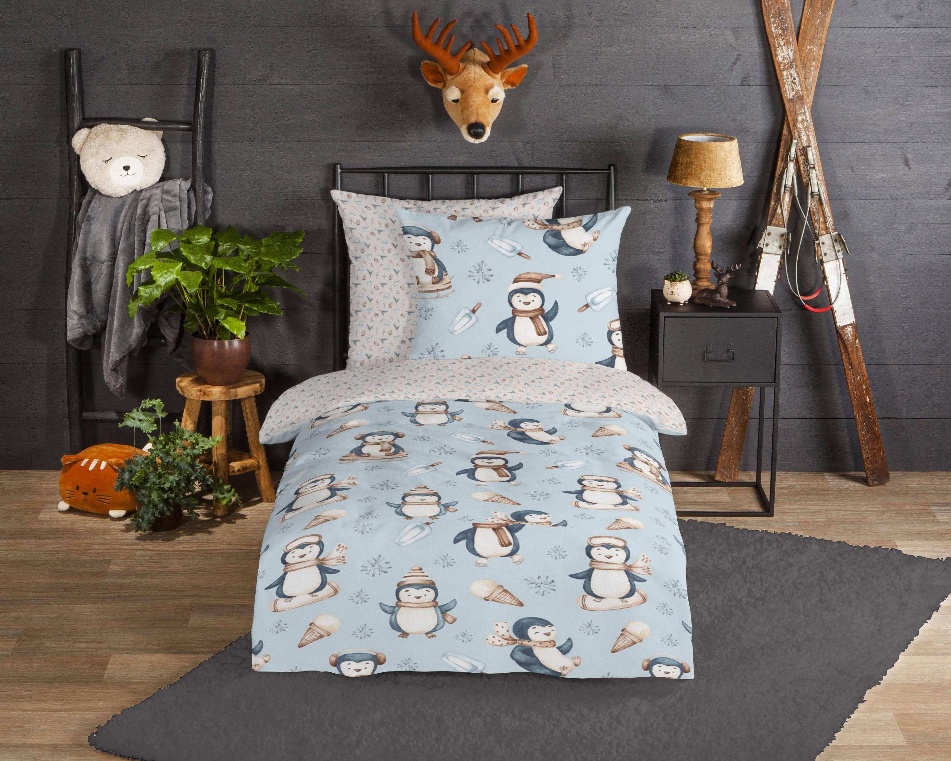 Good Morning Kinderbettwäsche Jani Blau Pinguine Biber
