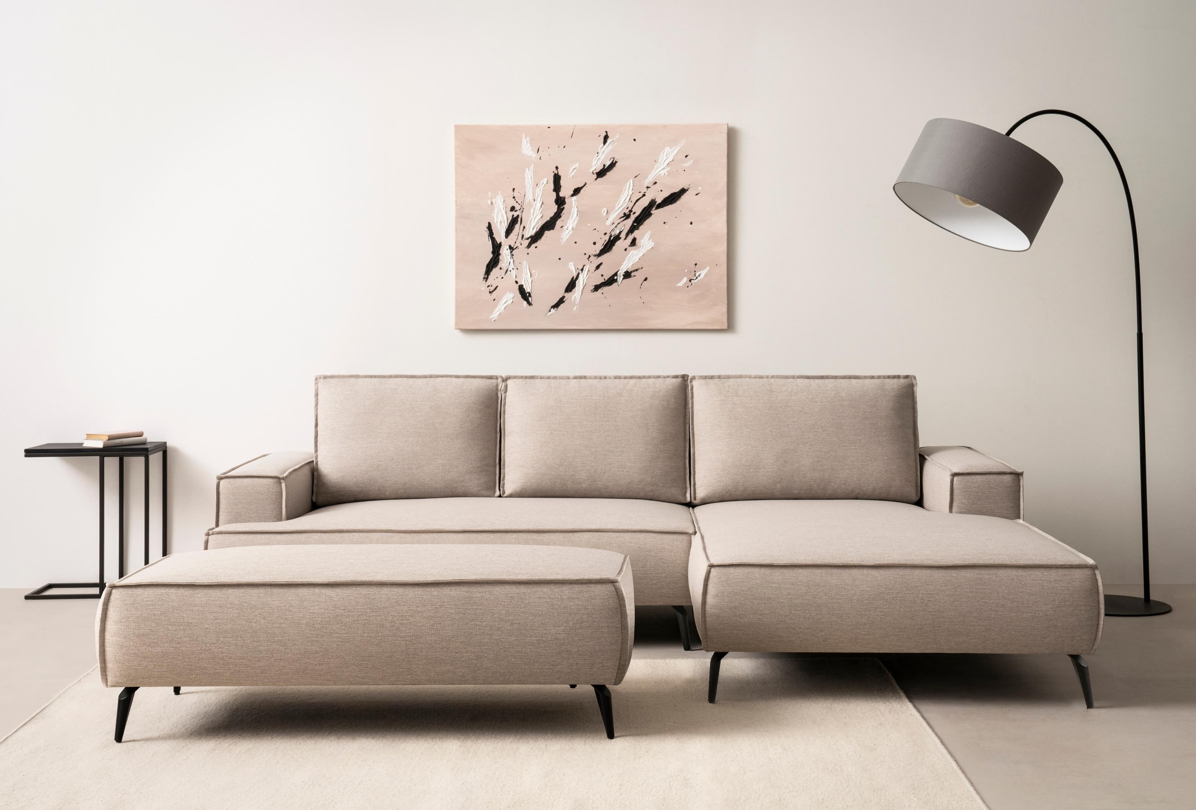 HOME AFFAIRE TVINNU Polsterecke L-Form Beige mit Schlaffunktion und Hocker