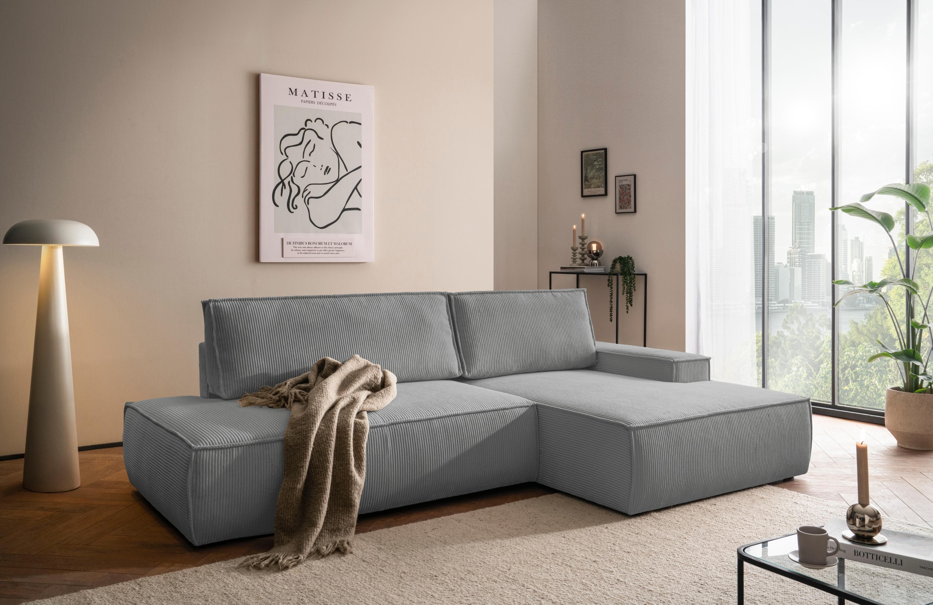 HOME AFFAIRE Ecksofa SHERWOOD L-Form Grau Cord Schlaffunktion