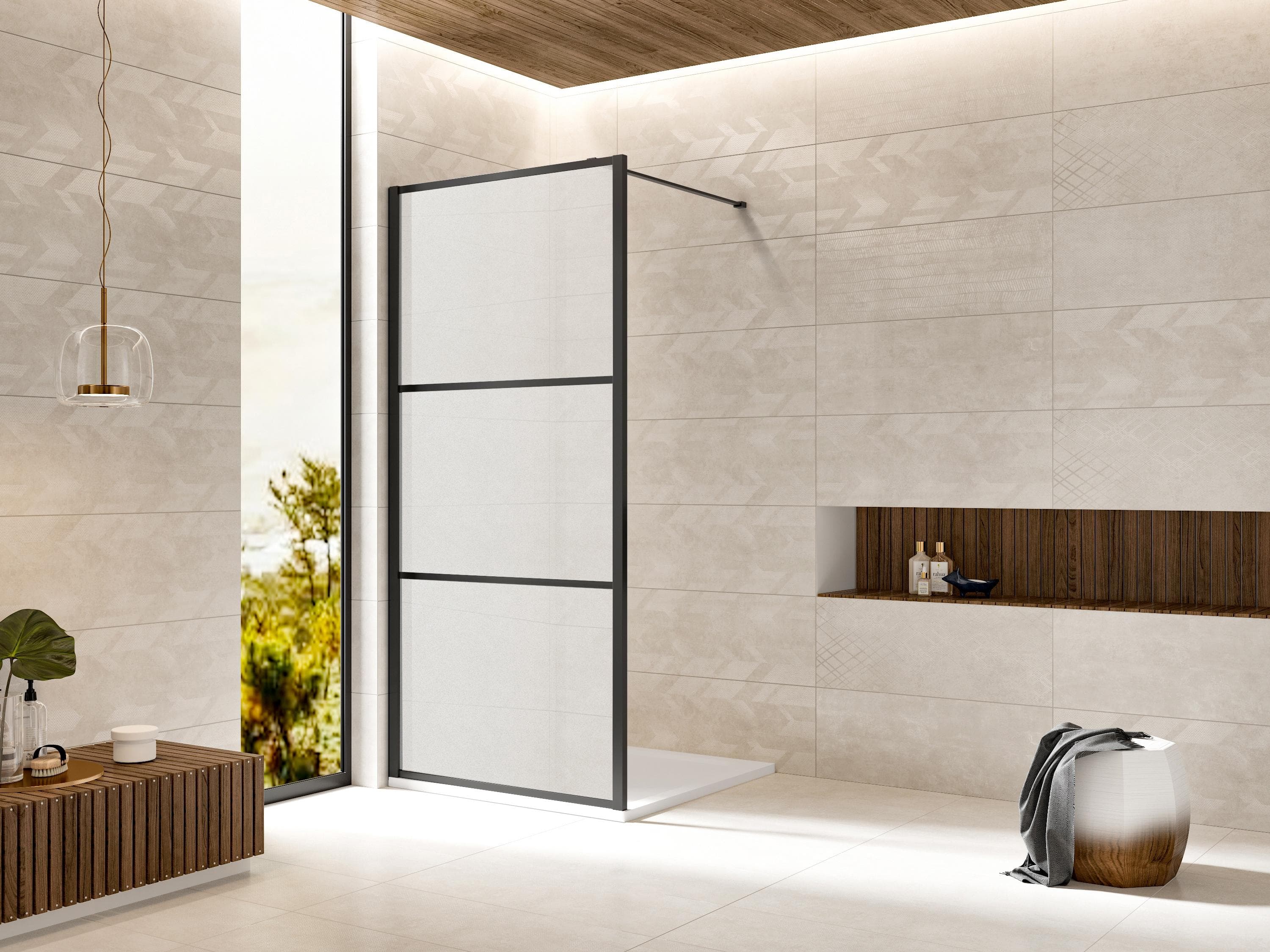 Walk-in-Dusche WELLTIME Walk In Black Blocks Frosted Schwarz