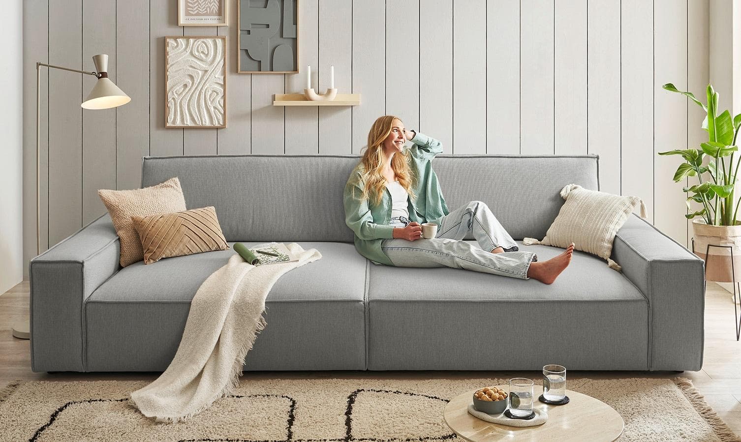 Home Affaire Sherwood XXL Big-Sofa Silbergrau Leinenoptik