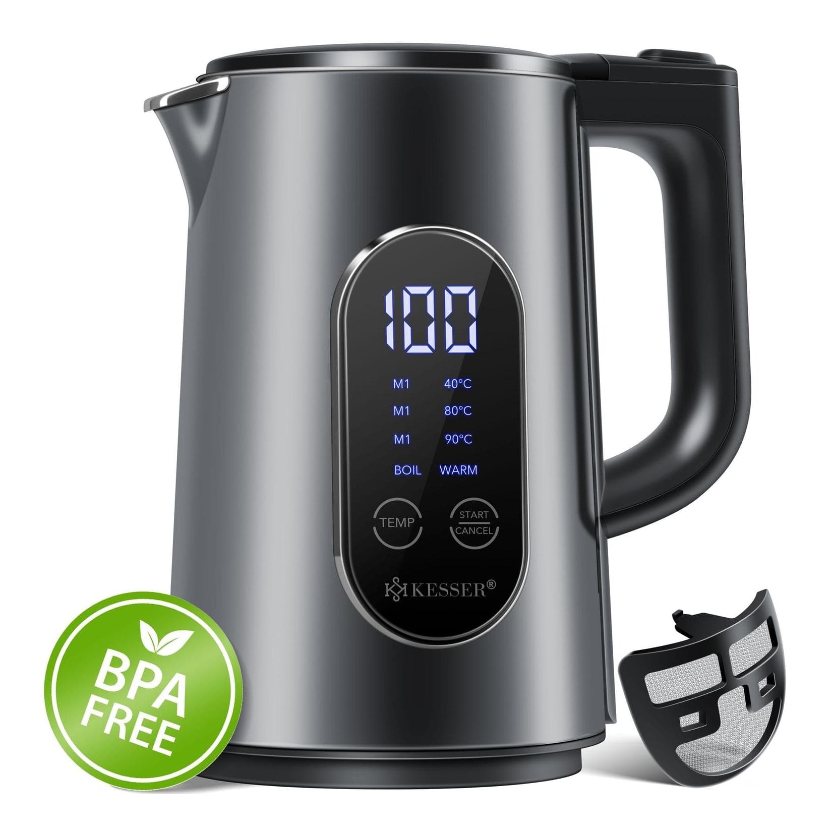 KESSER Wasserkocher Edelstahl 1,7 Liter LED-Anzeige 4-Modi Temperaturregelung 40°C-100°C 30min Warmhalten 2200W BPA-frei Kalkfilter Easy-Open-Deckel
