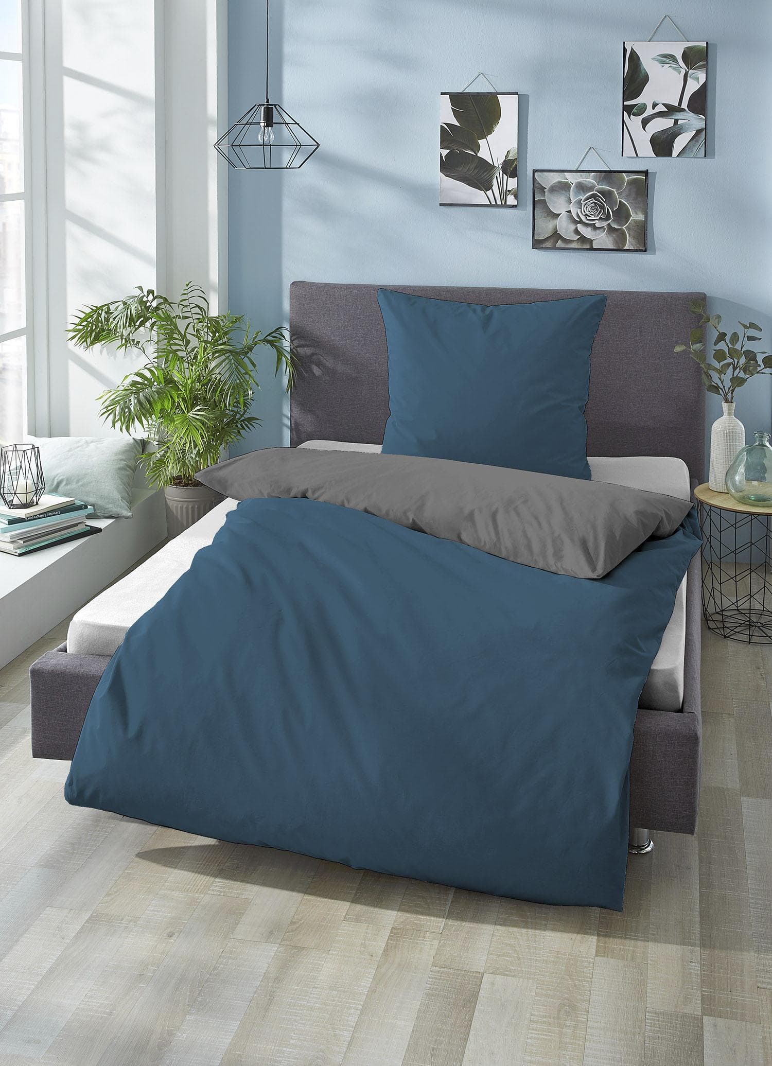 BIBERNA Wendebettwäsche Alma 100% Baumwolle Kobalt/Blau Grau