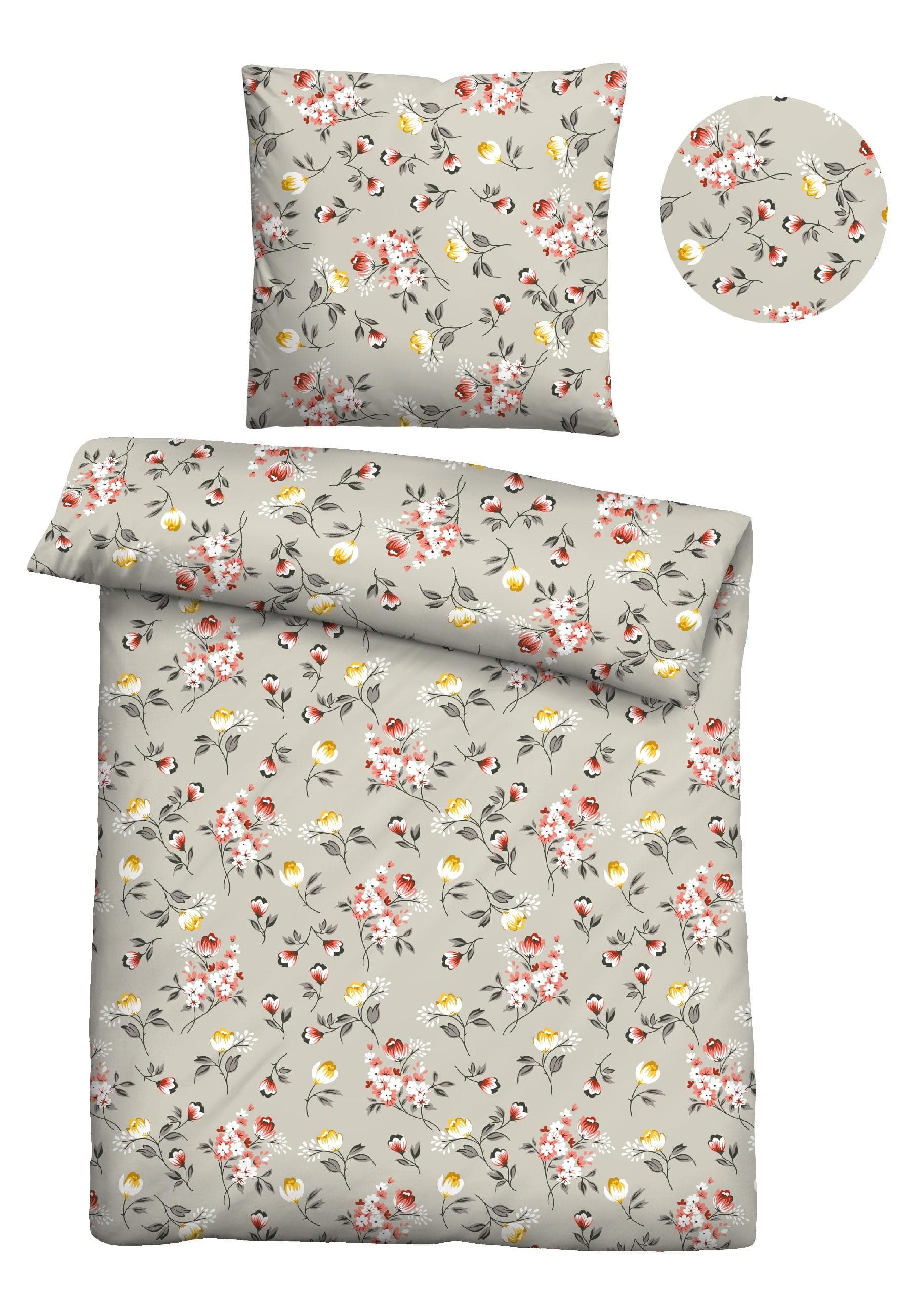 CASTELL Bettwäsche Grau Floral 2-tlg. Poly-Cotton Biber