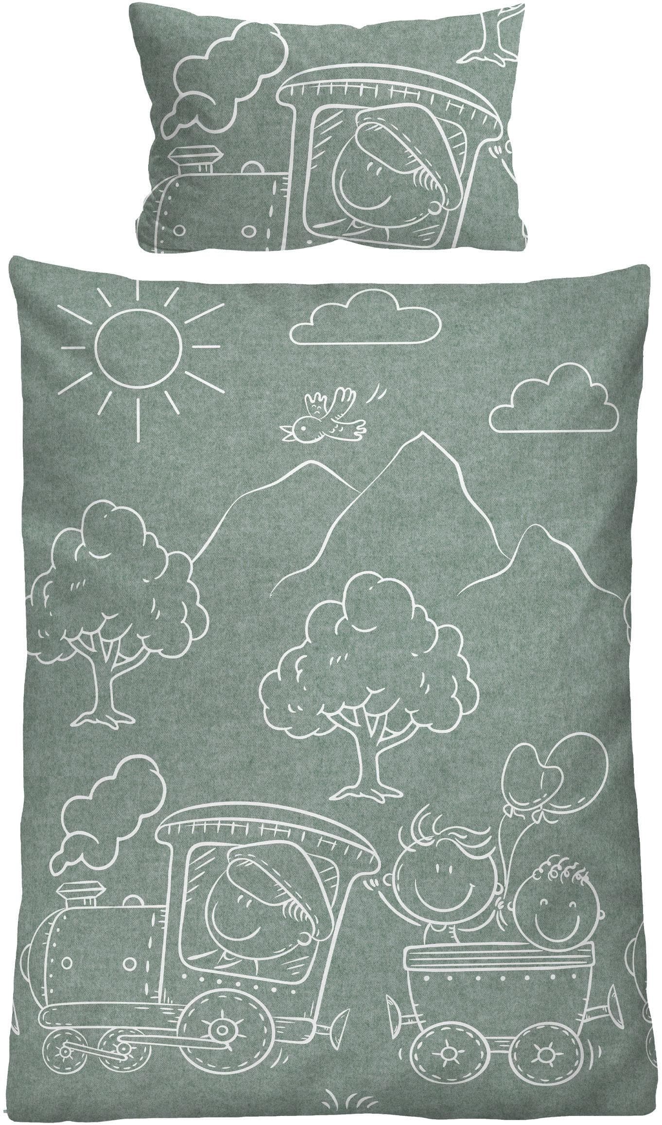 Biberna Kinderbettwäsche 0840521 Flanell Eisenbahn-Motiv
