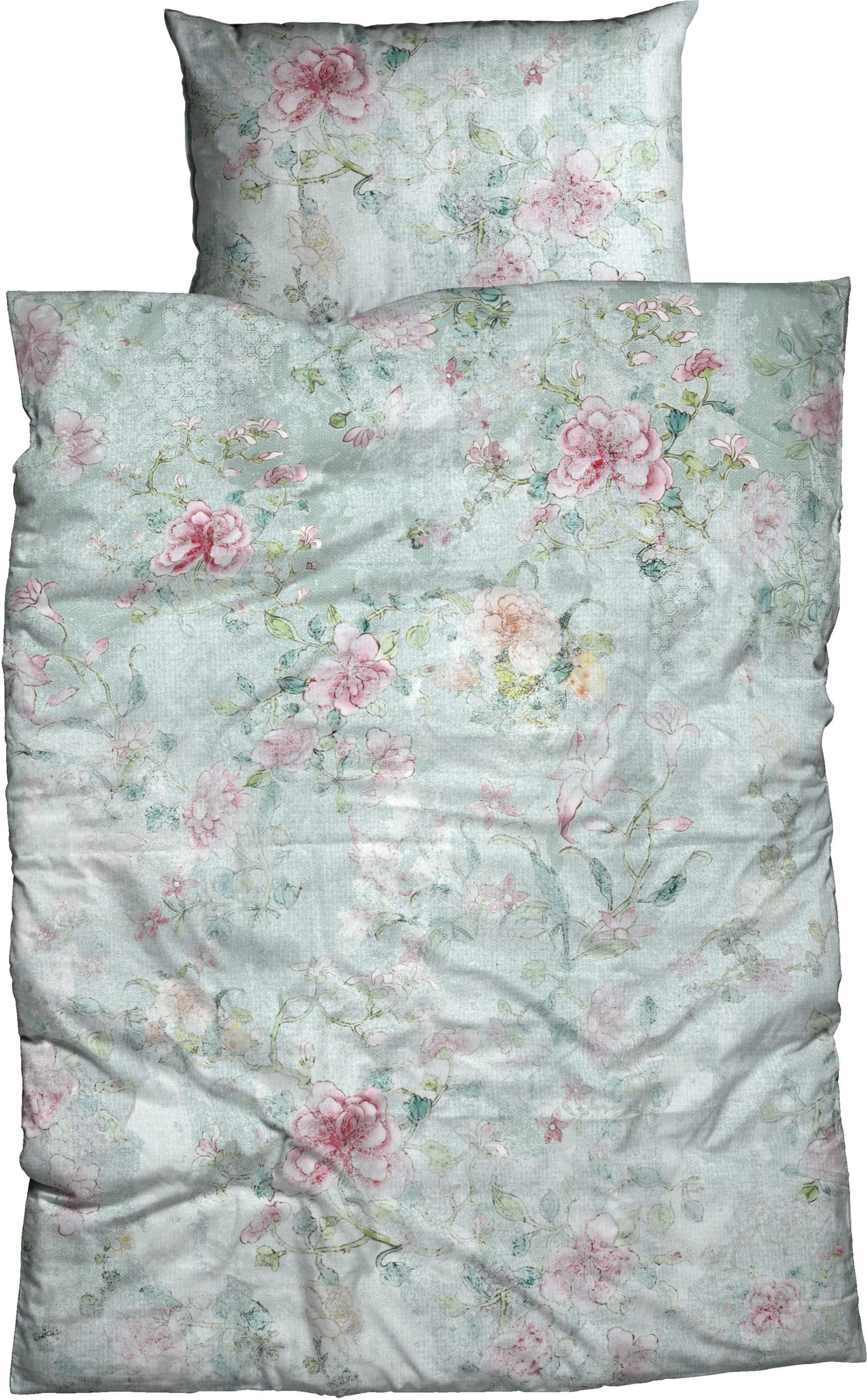 CASATEX Bettwäsche "Nadera" Mint/Rose Verwunschener Rosengarten
