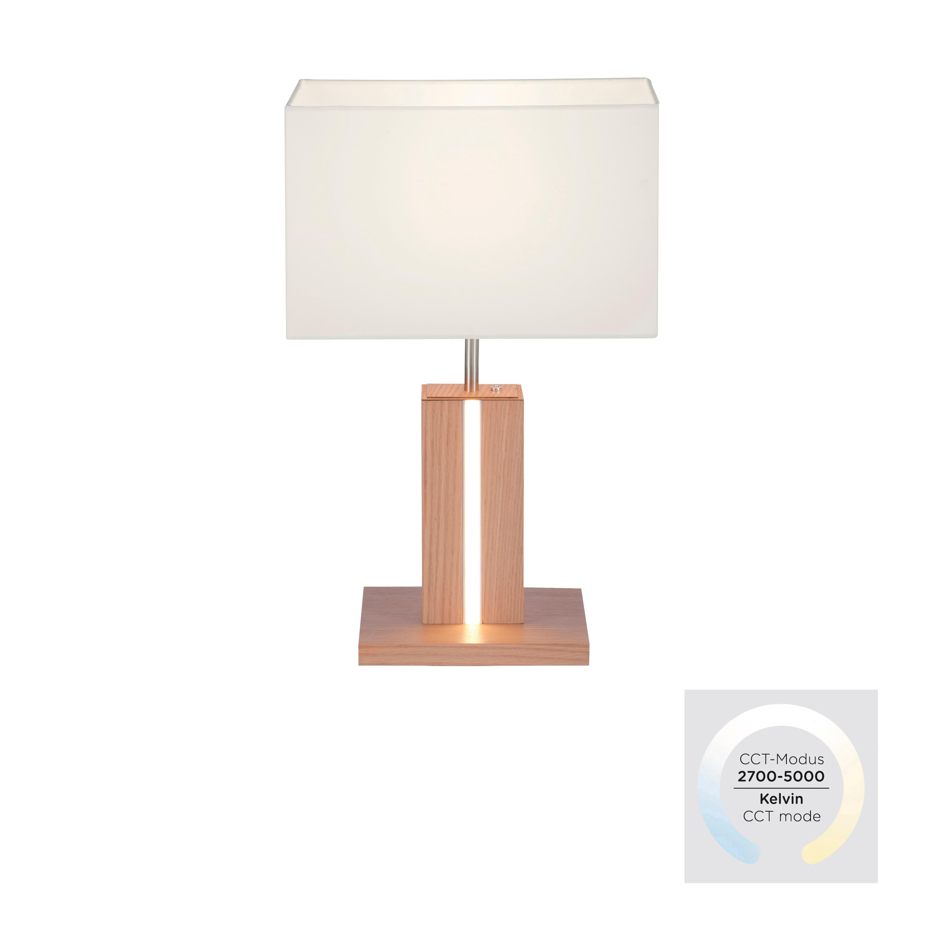 JUST LIGHT Nachttischlampe AMANDA Braun Holzdekor Stoffschirm LED Dimmbar