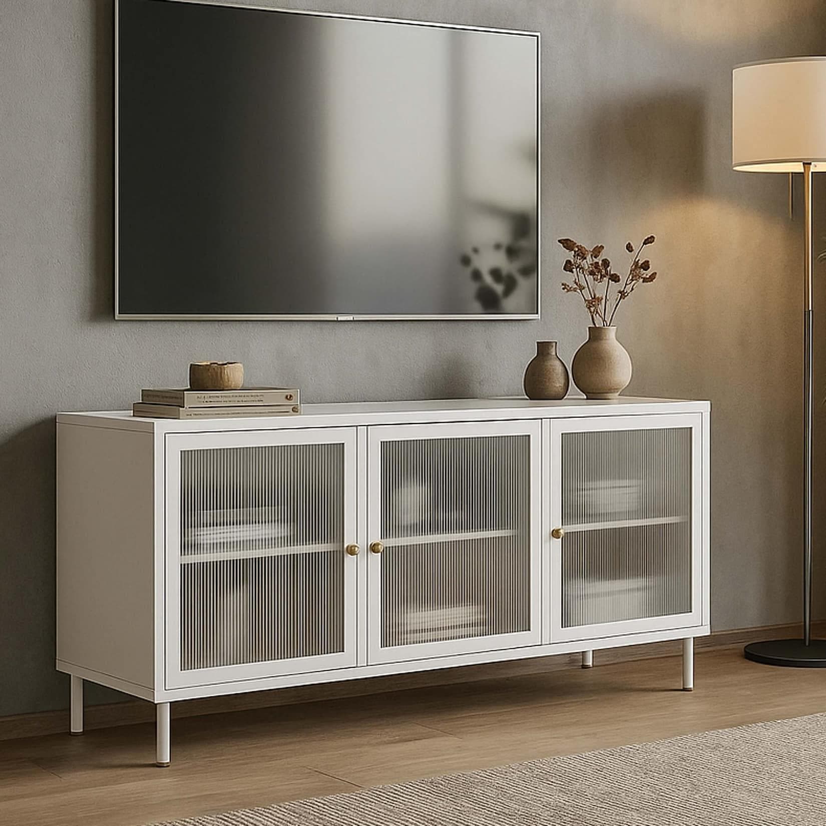 TV-Rack MCW-O87 Lowboard Industrial Metall Schilfglas Weiß