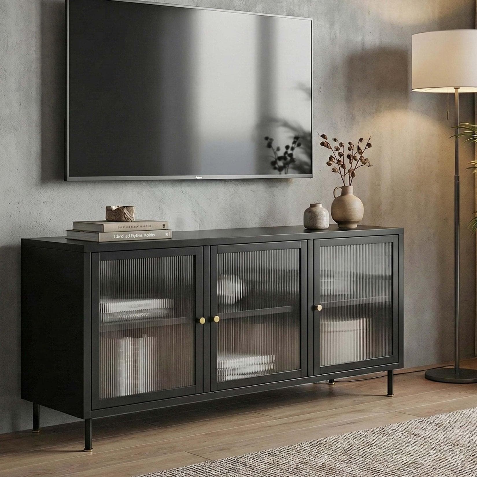 TV-Rack MCW-O87 Lowboard TV-Schrank Sideboard Industrial Metall Schilfglas