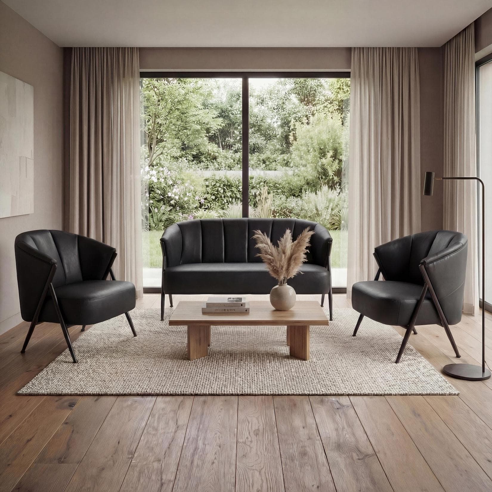 Wohnzimmer-Set MCW-P30 2er-Sofa 2x Sessel Vintage Retro Industrial Metall Kunstleder Schwarz
