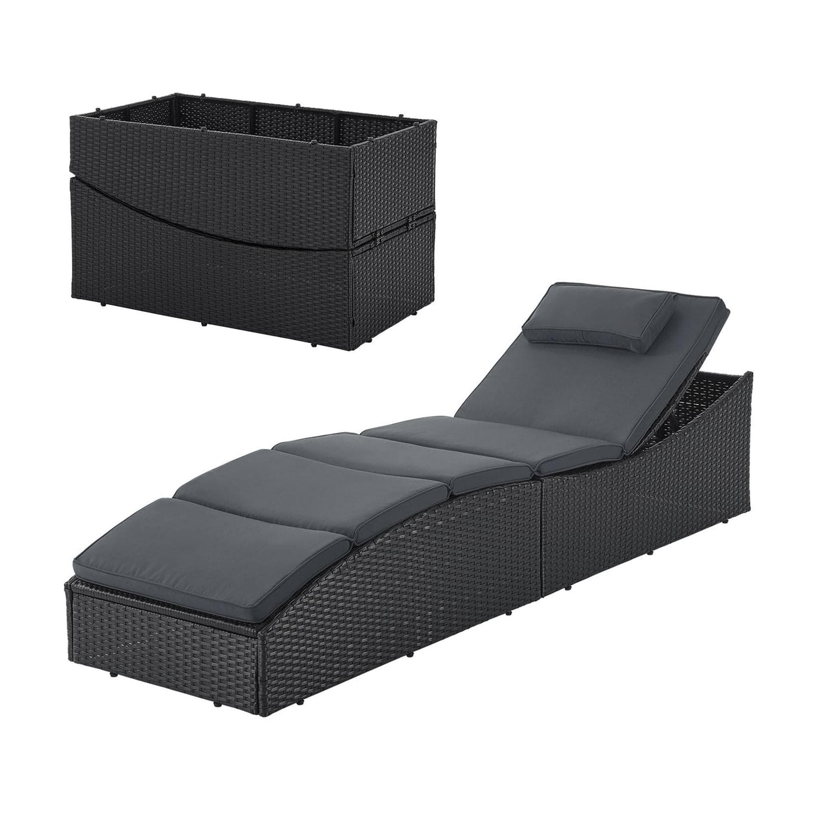 Juskys Sonnenliege Lamia klappbar - Polyrattan Gartenliege Schwarz mit Auflage