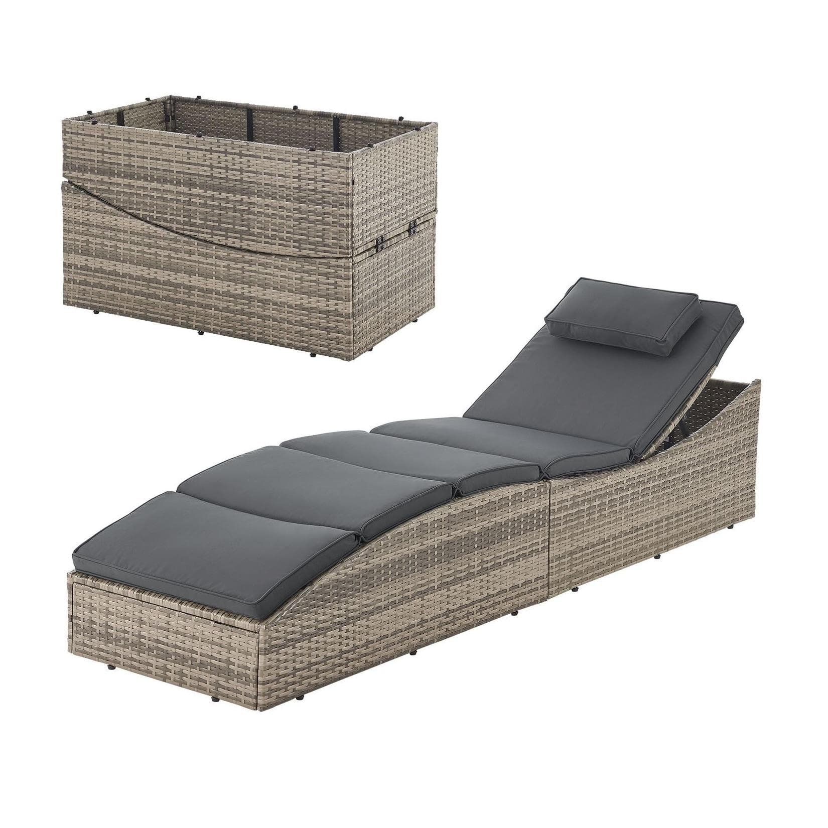 Juskys Sonnenliege Lamia Grau-meliert Polyrattan Klappbar mit Kissen