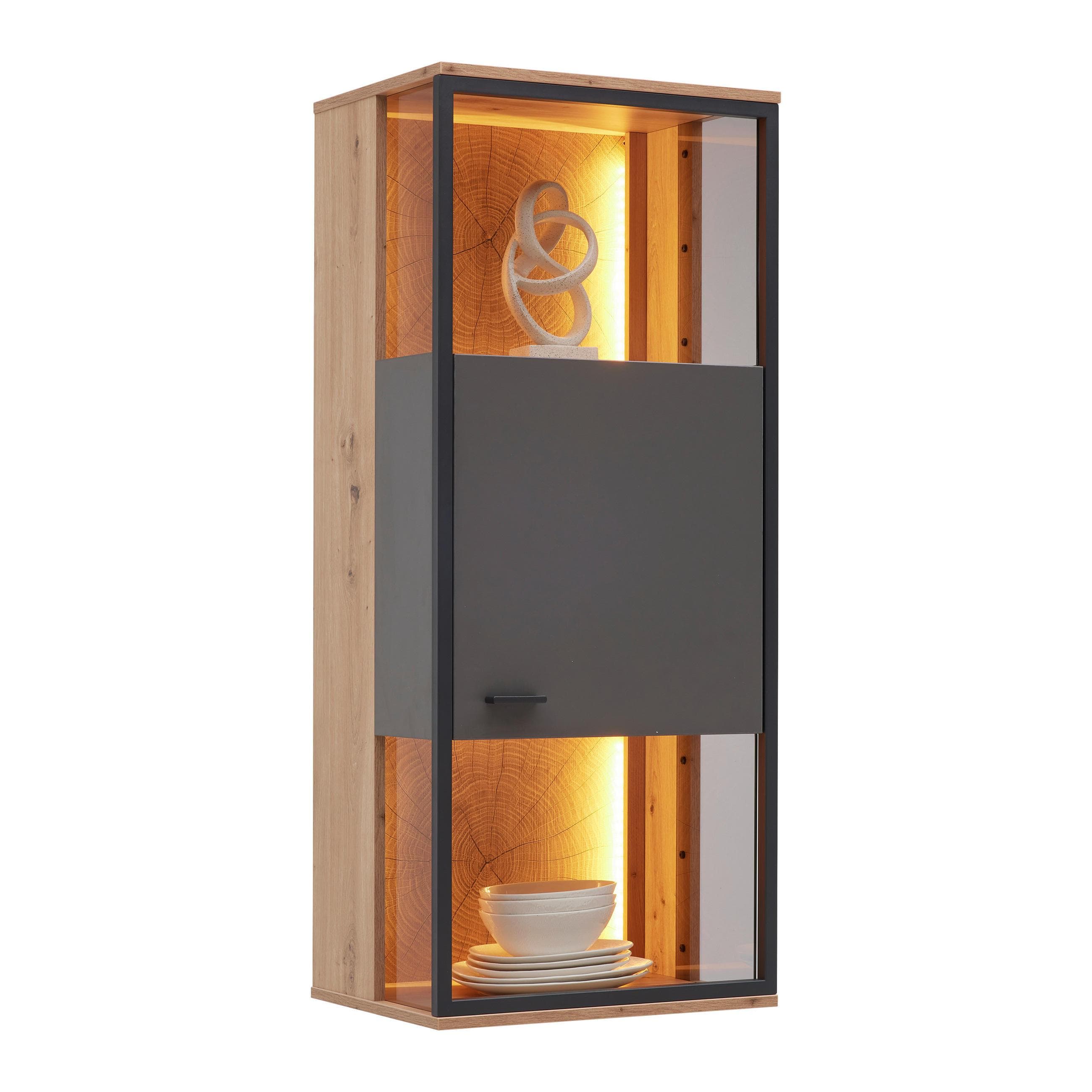 Hängevitrine Florenz Grau/Schwarz/Eiche Artisan