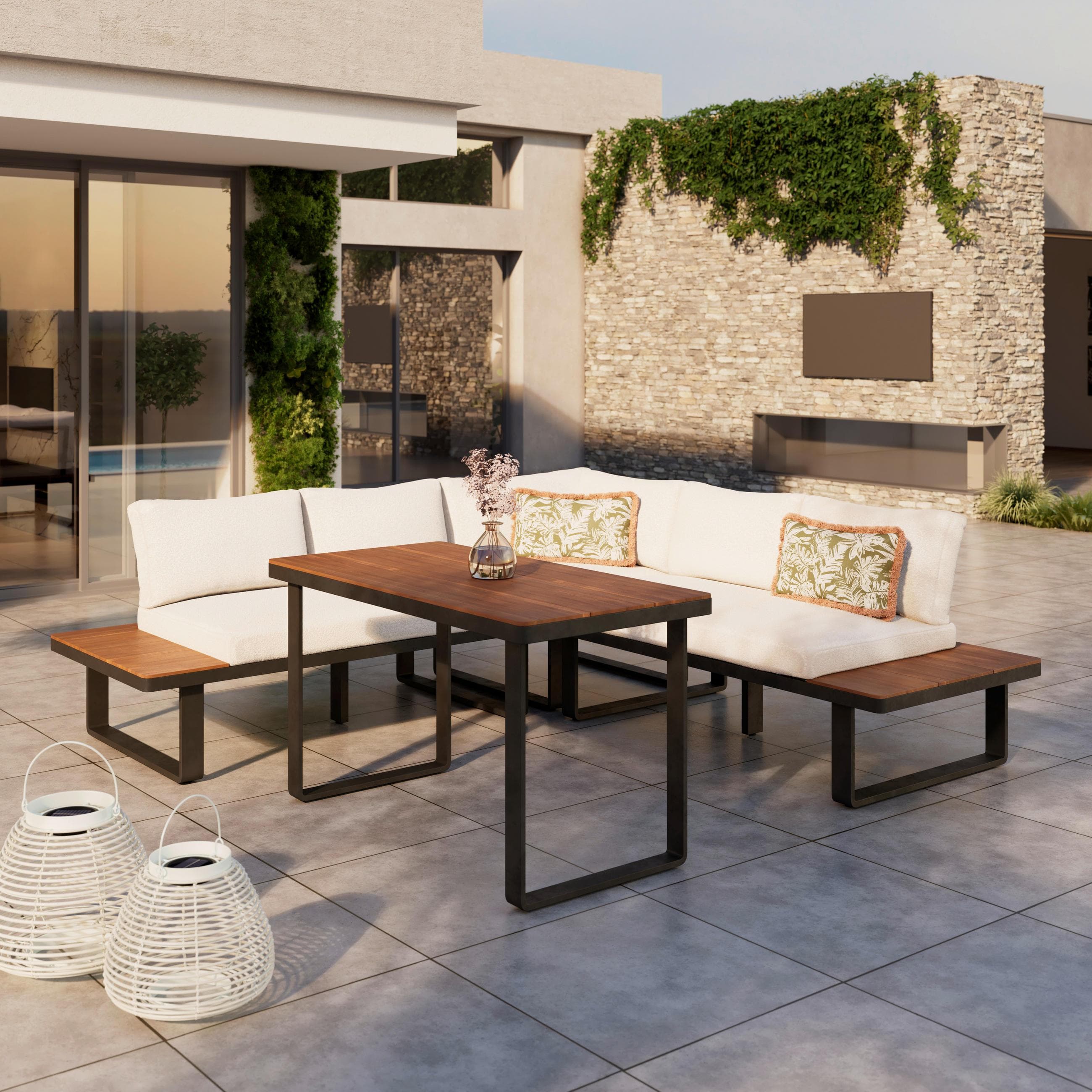 Dining-Loungeset Gianna Holz Outdoorstoff/Metall +Abdeckung