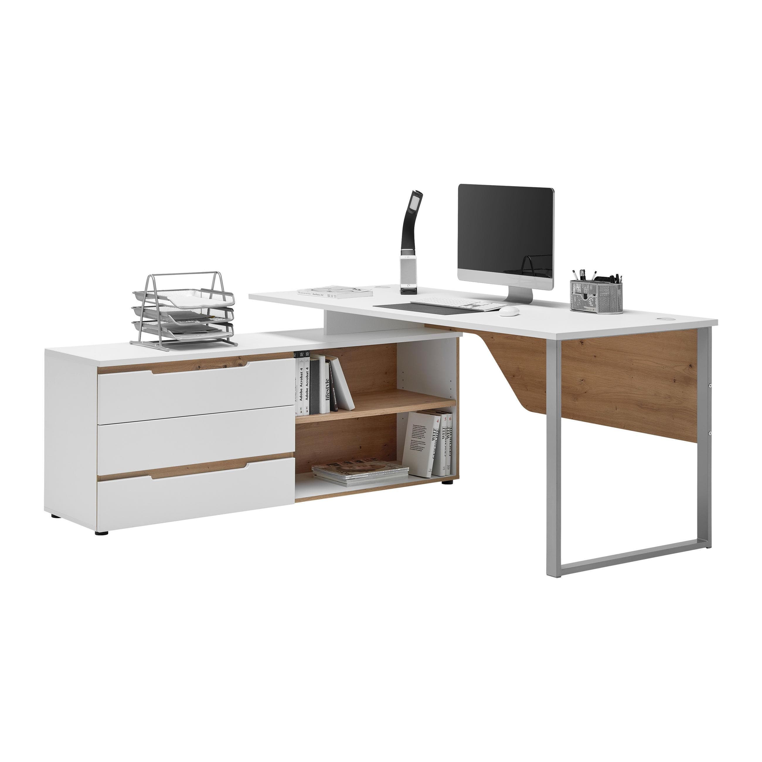 Eckschreibtisch Dallas Silber/Weiß/Eiche Artisan