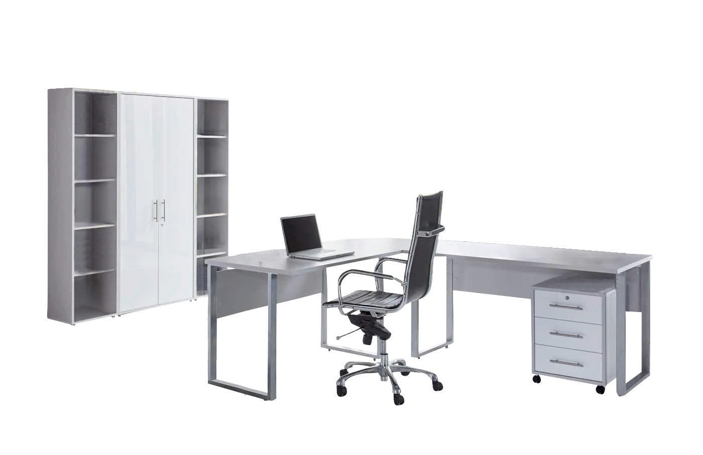Büro Office Edition Set 3 Grau/Weiß Schreibtisch Stuhl Ablage