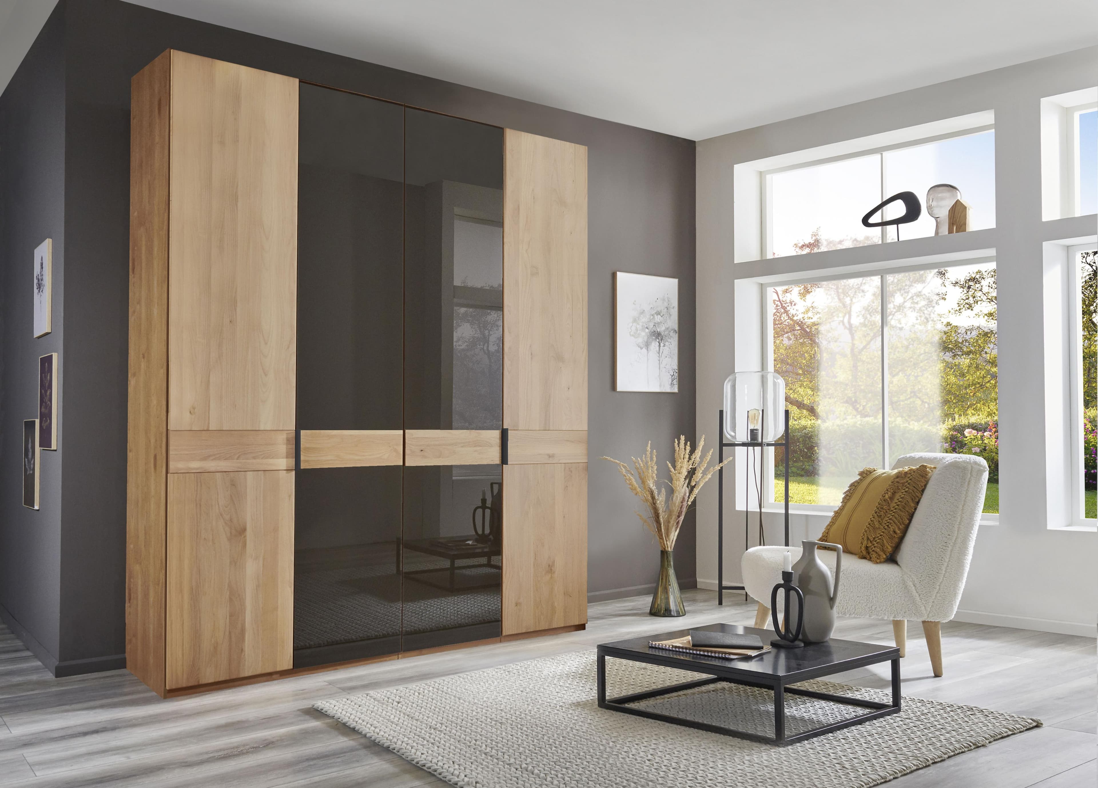 WIEMANN Kleiderschrank Cardiff Massivholz Glas Mocca