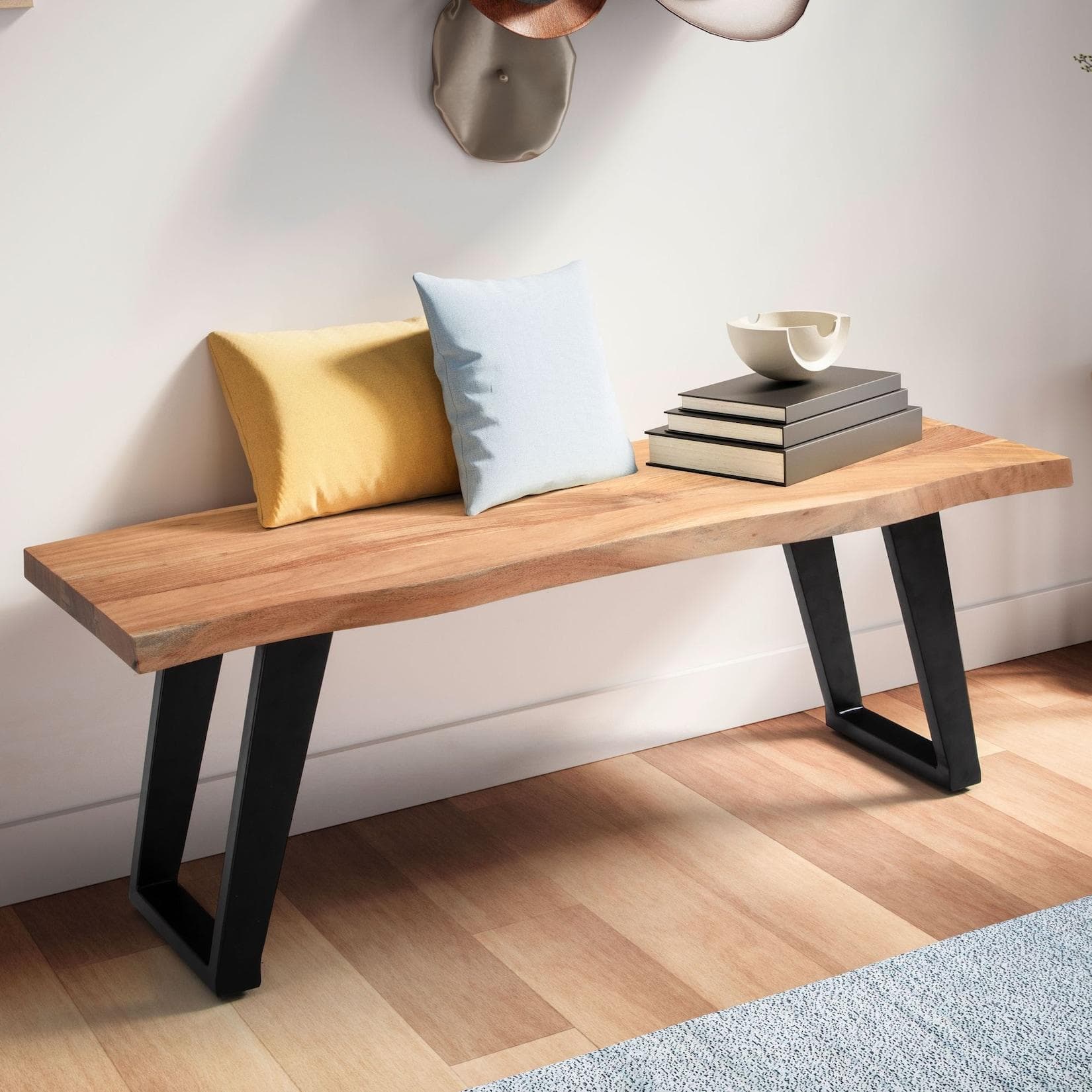 FineBuy Garderobenbank Akazie Massivholz 120 cm Baumkante