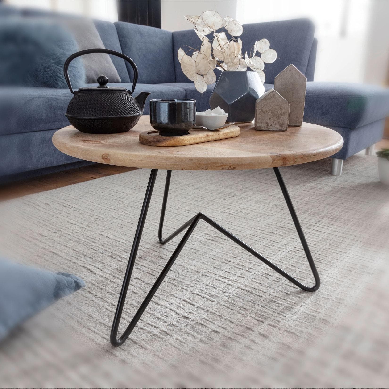 FINEBUY Couchtisch Akazie Massivholz rund 60cm Metallgestell Modern