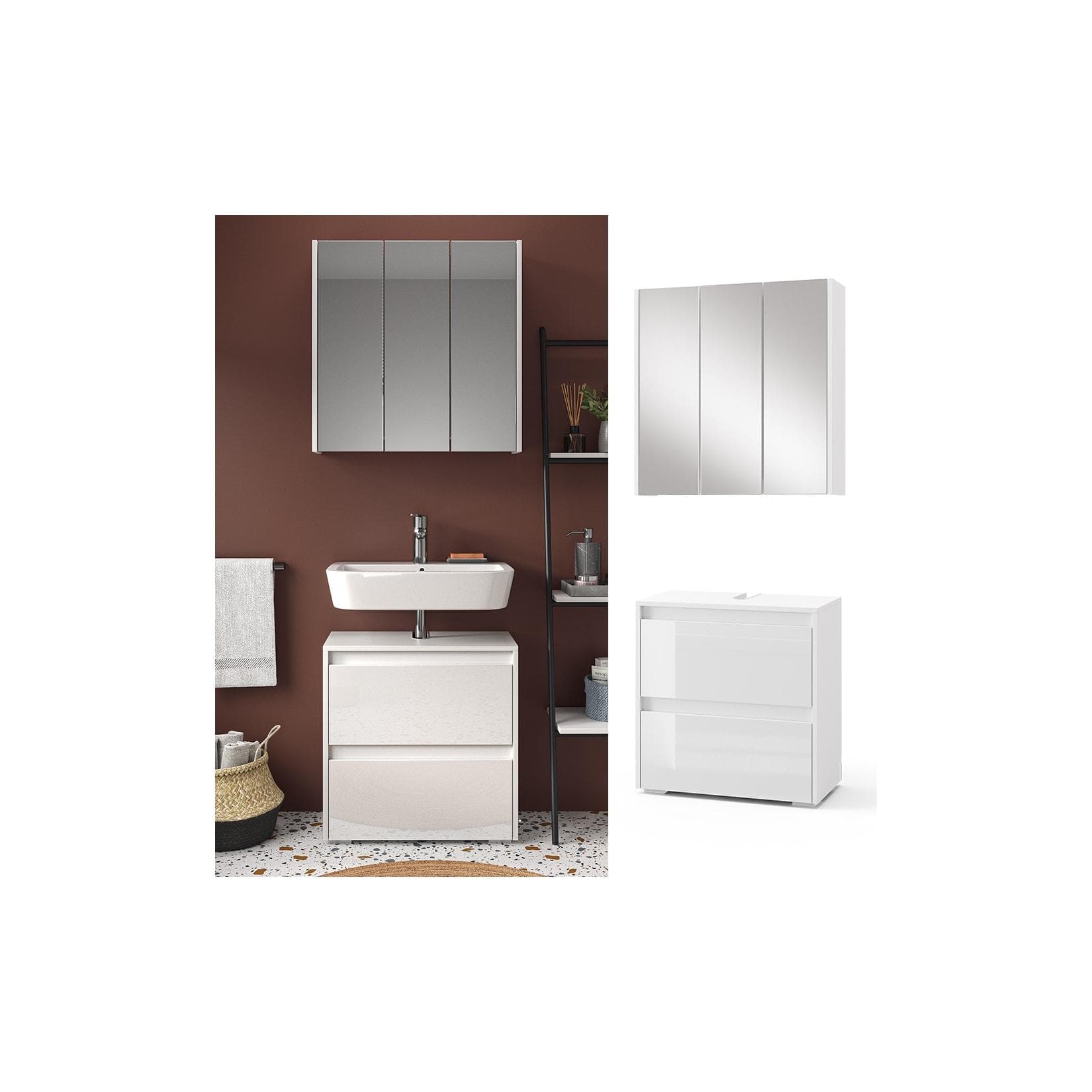 Vicco Badmöbel-Set Majest Weiß Hochglanz 2-teilig mit Spiegelschrank