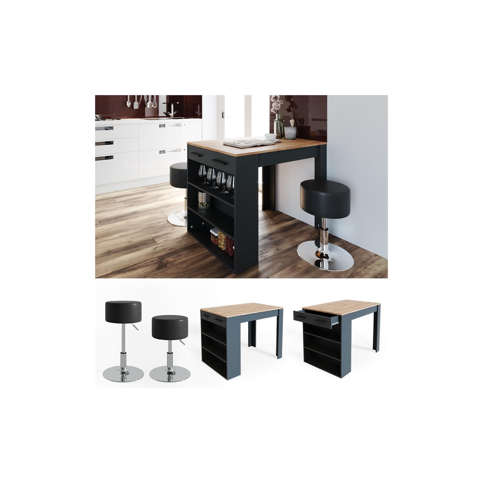 Vicco Bartisch Repose mit 2 Hockern Anthrazit Eiche