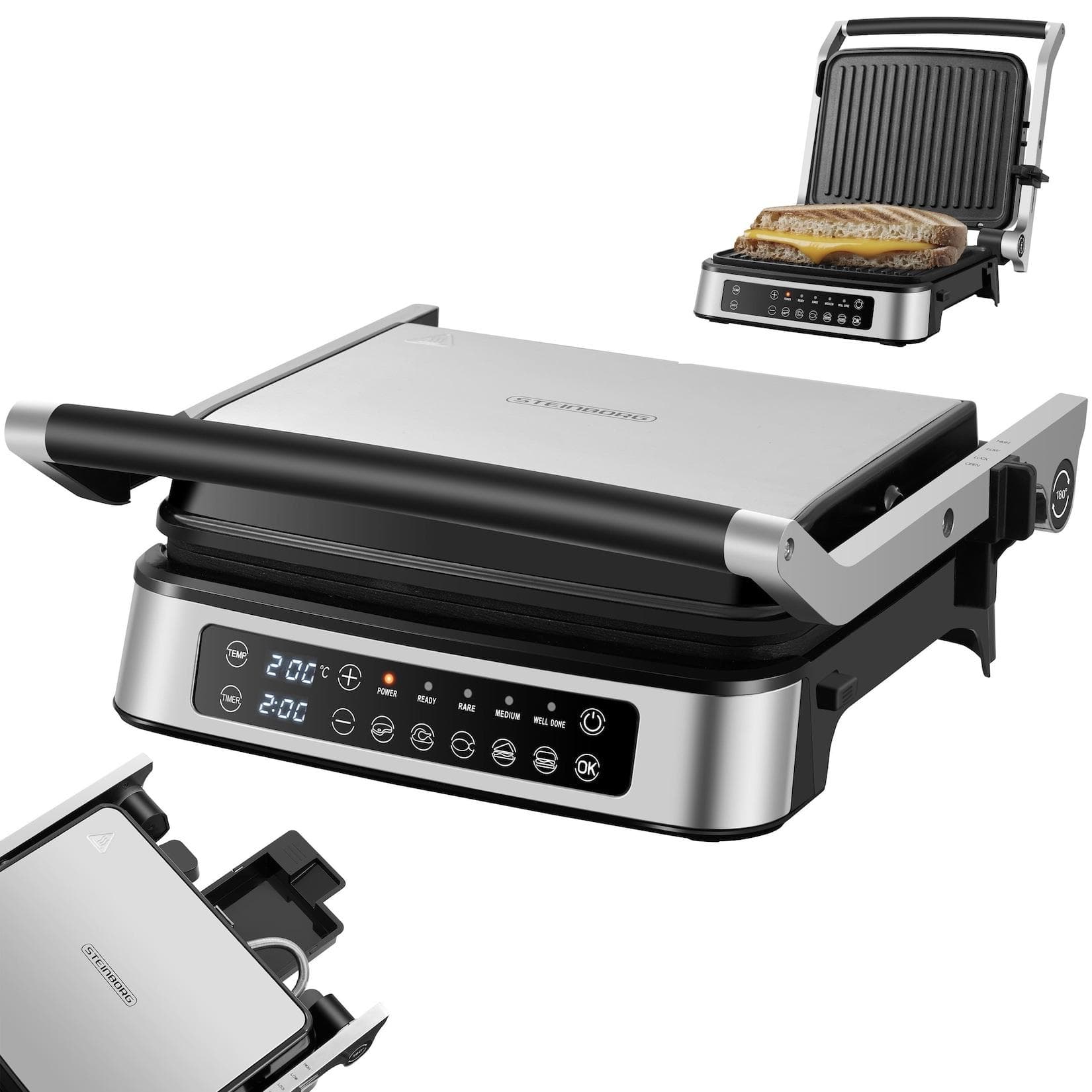 Steinborg Kontaktgrill 2000W Touch Display 180° Aufklappbar