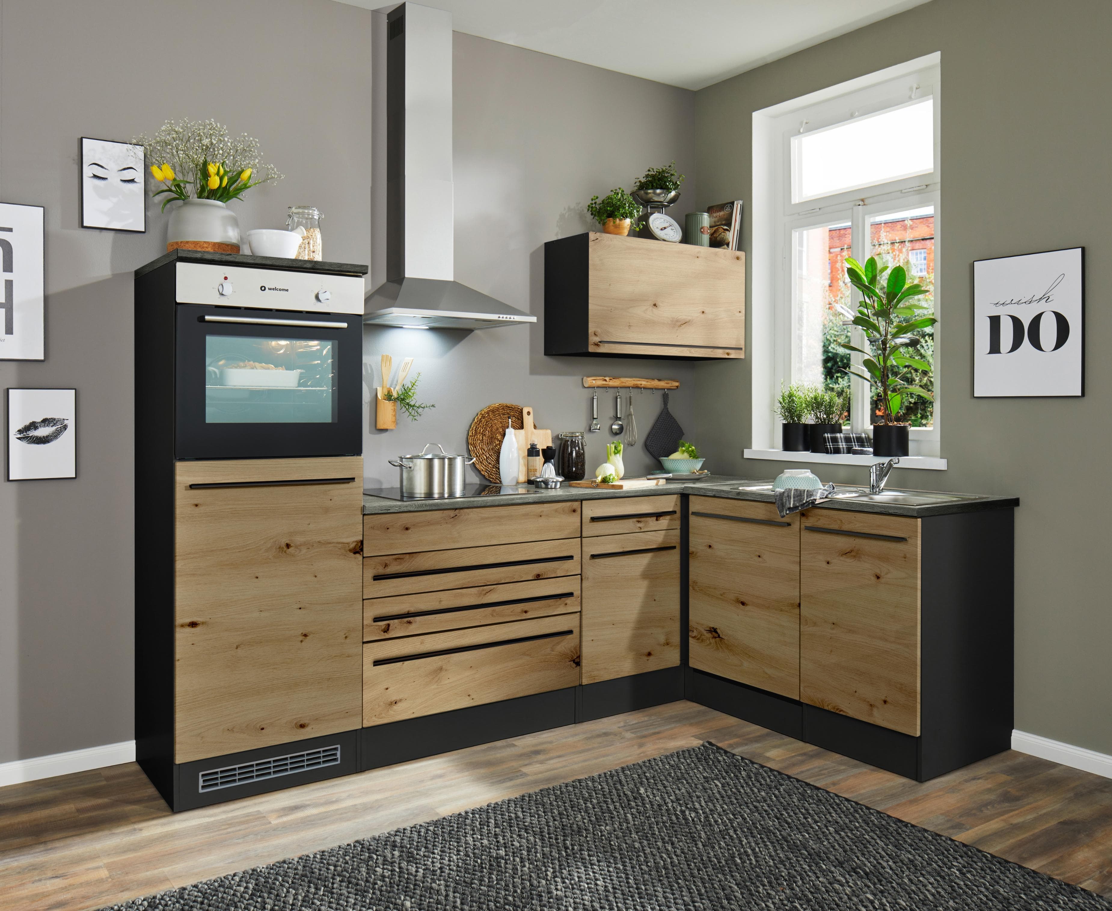 BASIC BY BALCULINA Jazz Winkelküche Braun Grau Holzwerkstoff