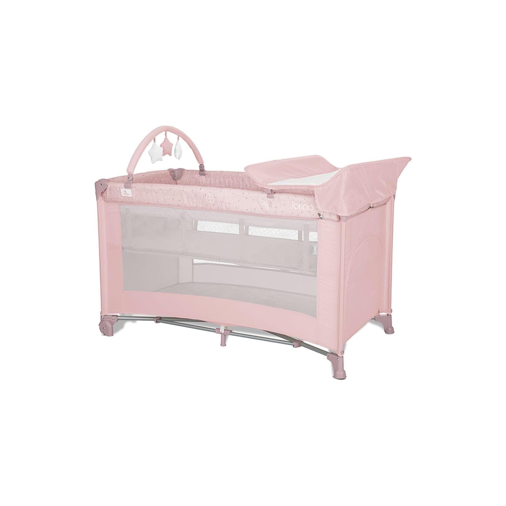 Lorelli Reisebett Torino Plus 2 Ebenen Wickelauflage Spielbogen Räder faltbar Pink