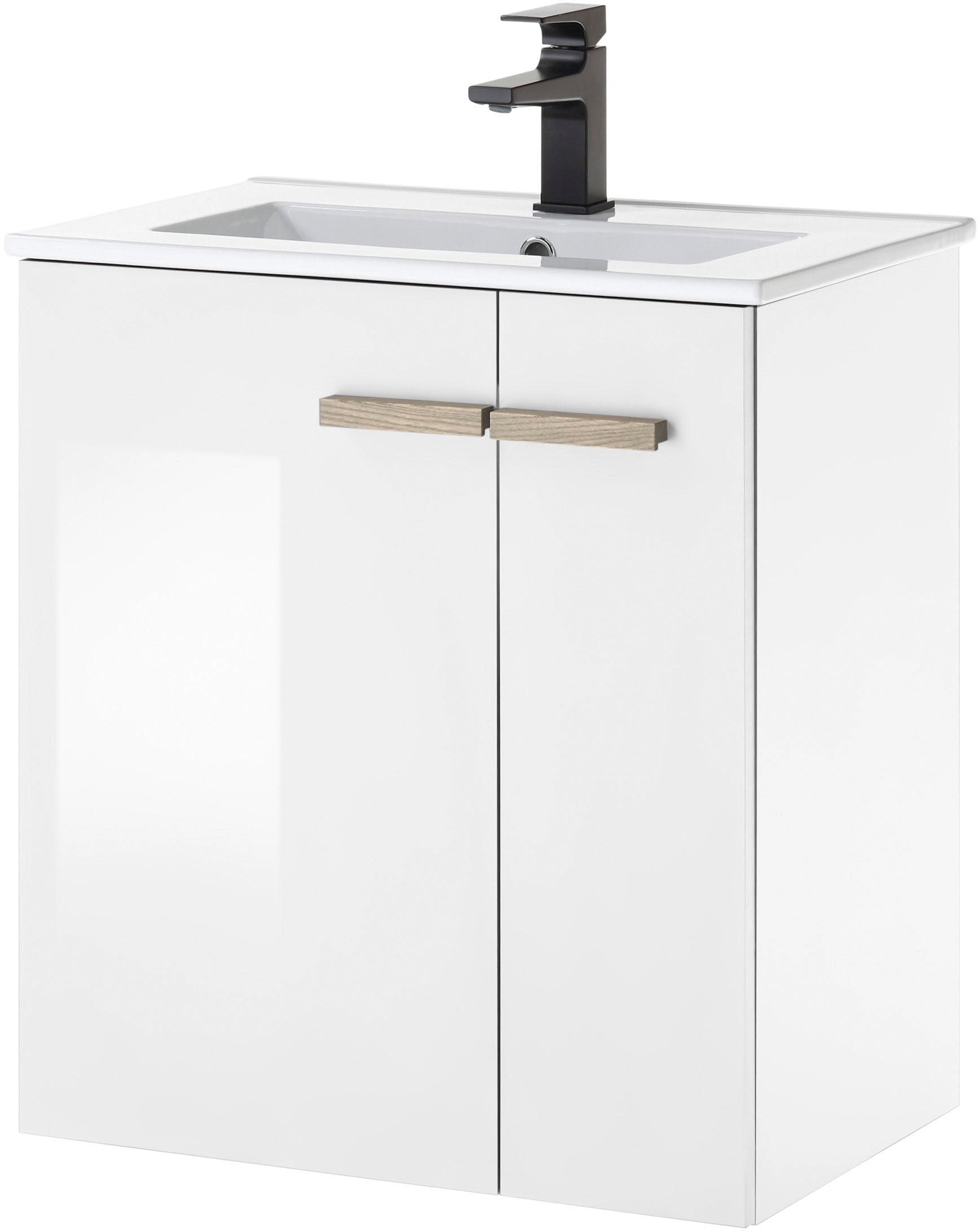 Waschtisch PLACES OF STYLE SOLiD Unterschrank inkl. Waschbecken Badschrank mit Holzgriffe Weiß