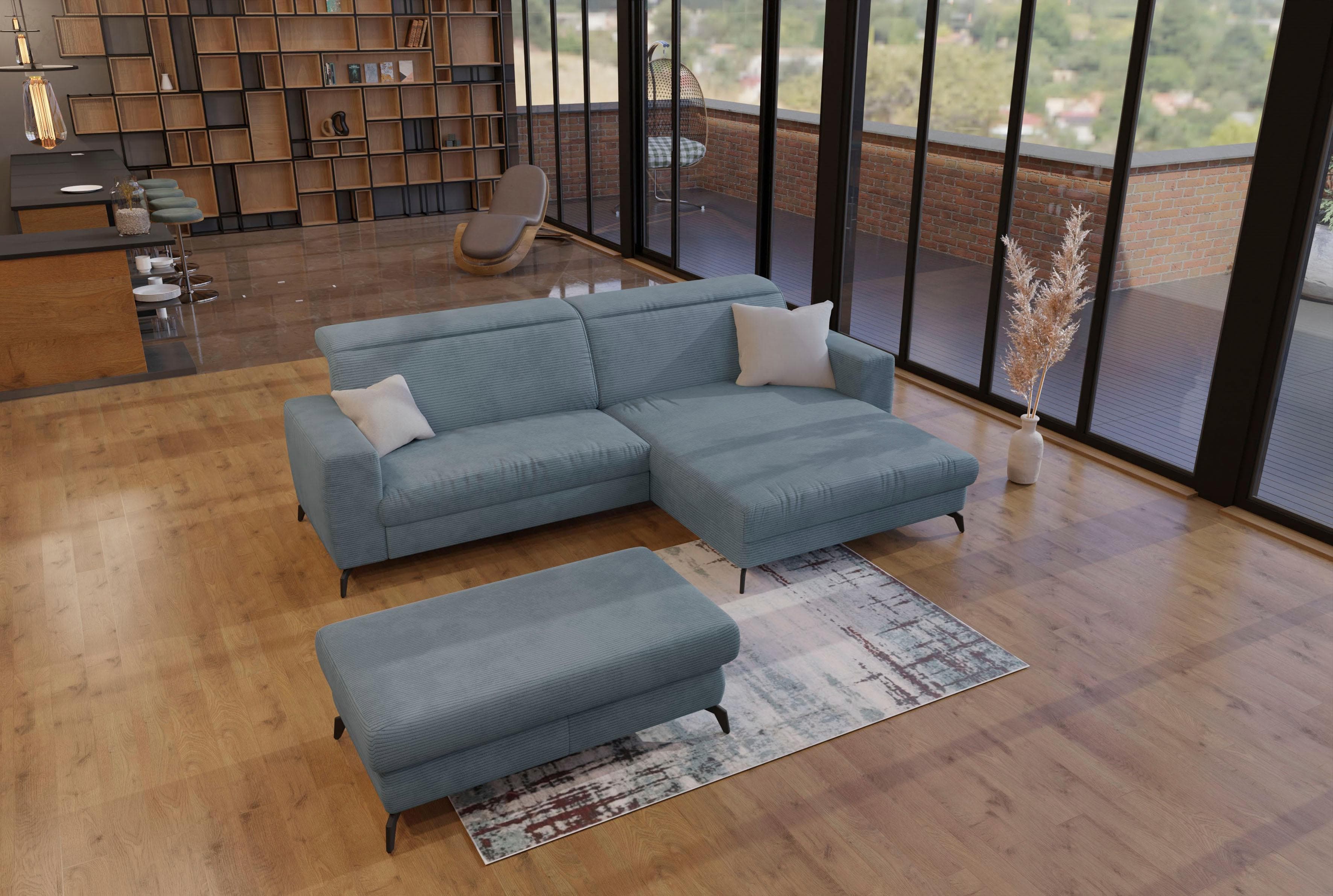 Ecksofa in Blau und Blaugrau mit Recamiere-Stil