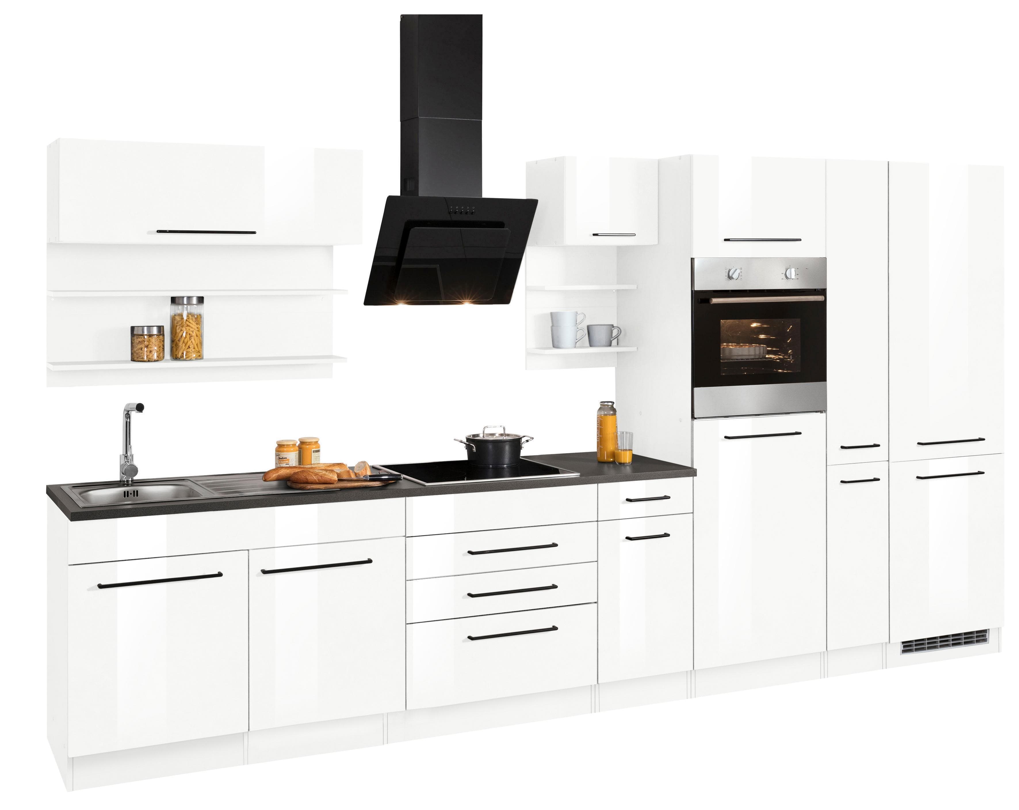 KOCHSTATION "KS-Tulsa" mit E-Geräten, Breite 360 cm, schwarze Metallgriffe, MDF Fronten