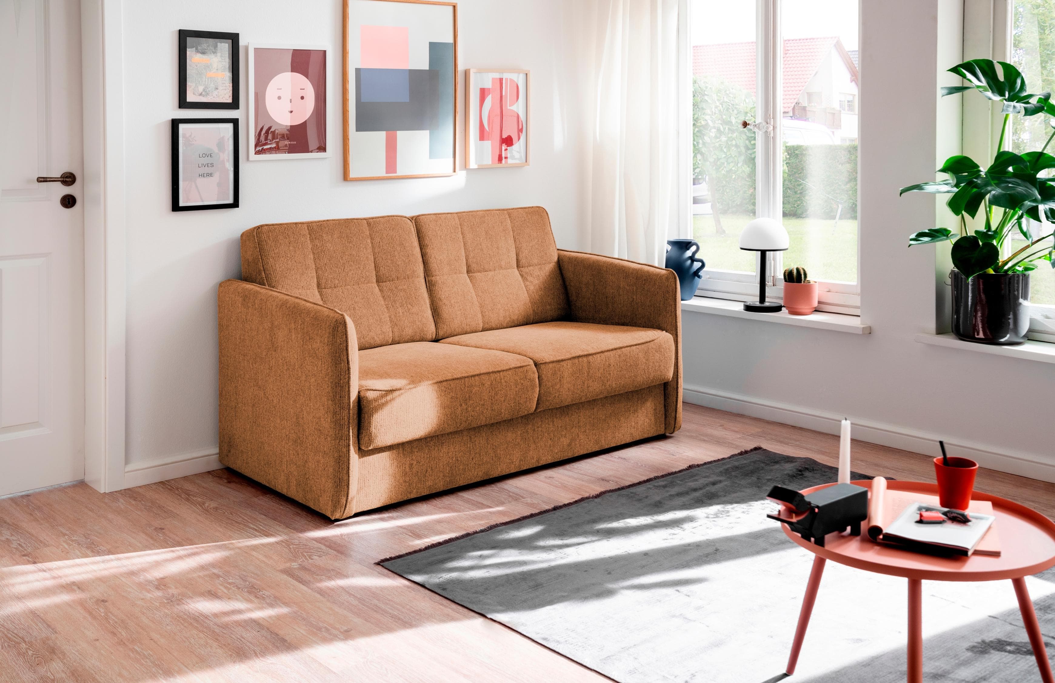 HOME AFFAIRE Milano Schlafsofa Curry 2-Sitzer mit ausziehbaren Liegefunktionen