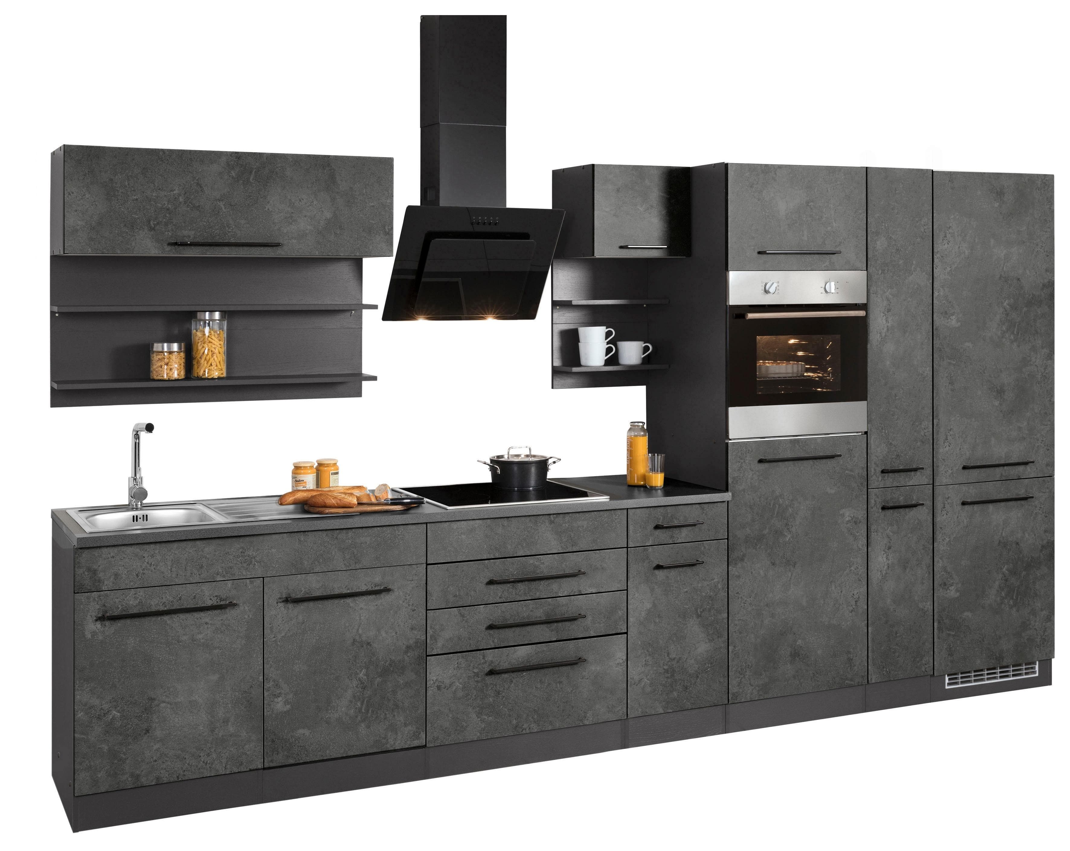 KOCHSTATION "KS-Tulsa" mit E-Geräten, Breite 360 cm, schwarze Metallgriffe, MDF Fronten