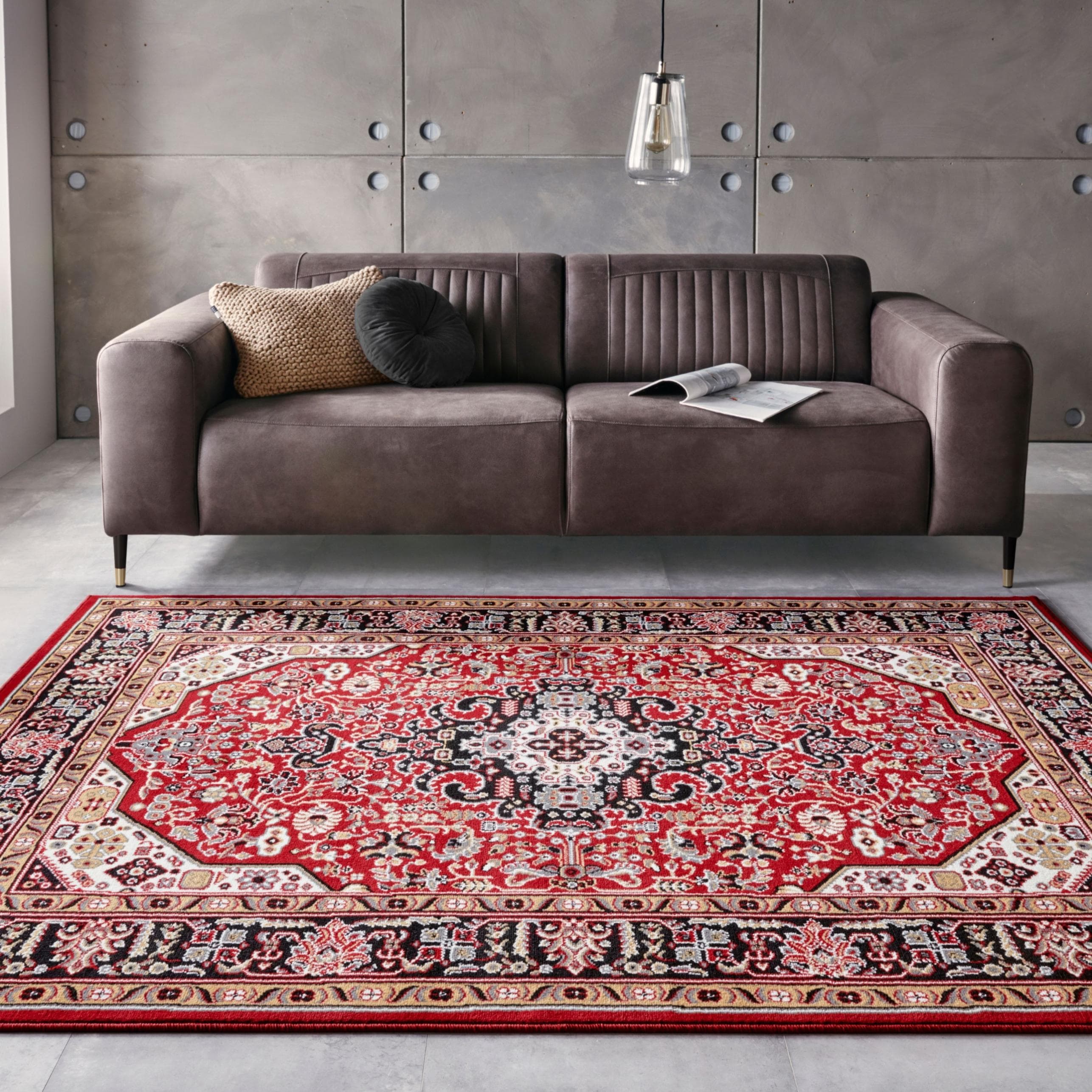 Orient-Vintage-Teppich in Rot-Schwarz, Kurzflor, 160x230 cm