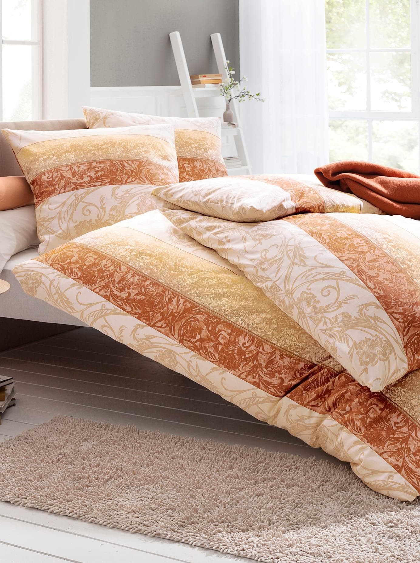 Bettwäsche IRISETTE Gr. 3 Orange Streifen & Ranken 100% Baumwolle