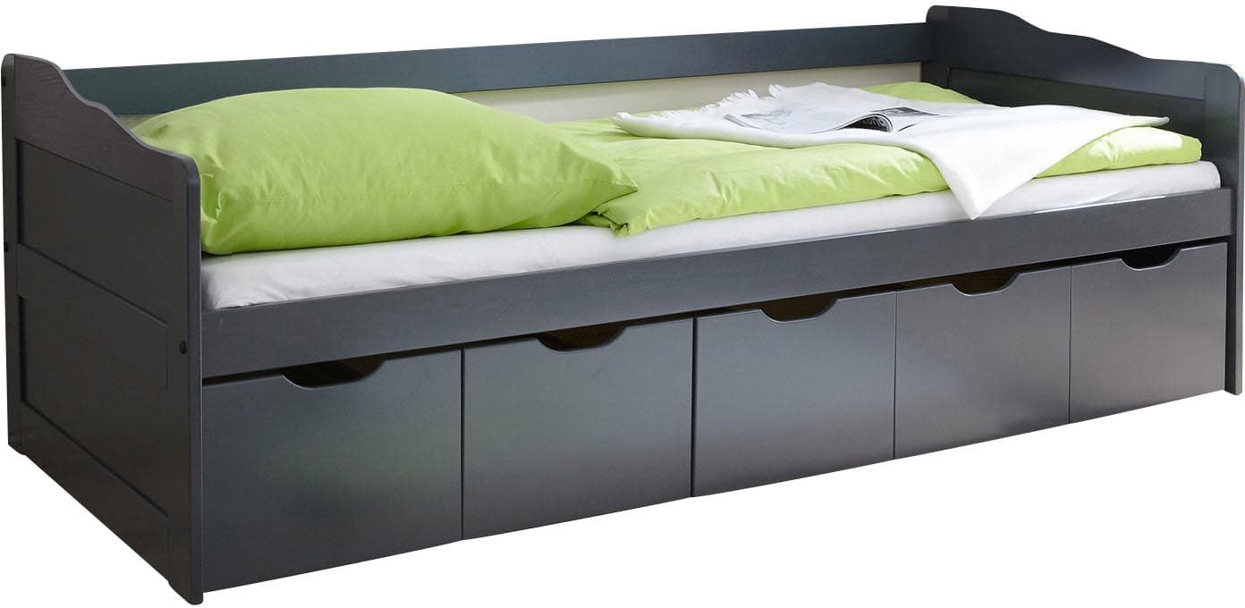 Funktionsbett TICAA Maria Grau Kiefer Massiv 5 Schubkästen