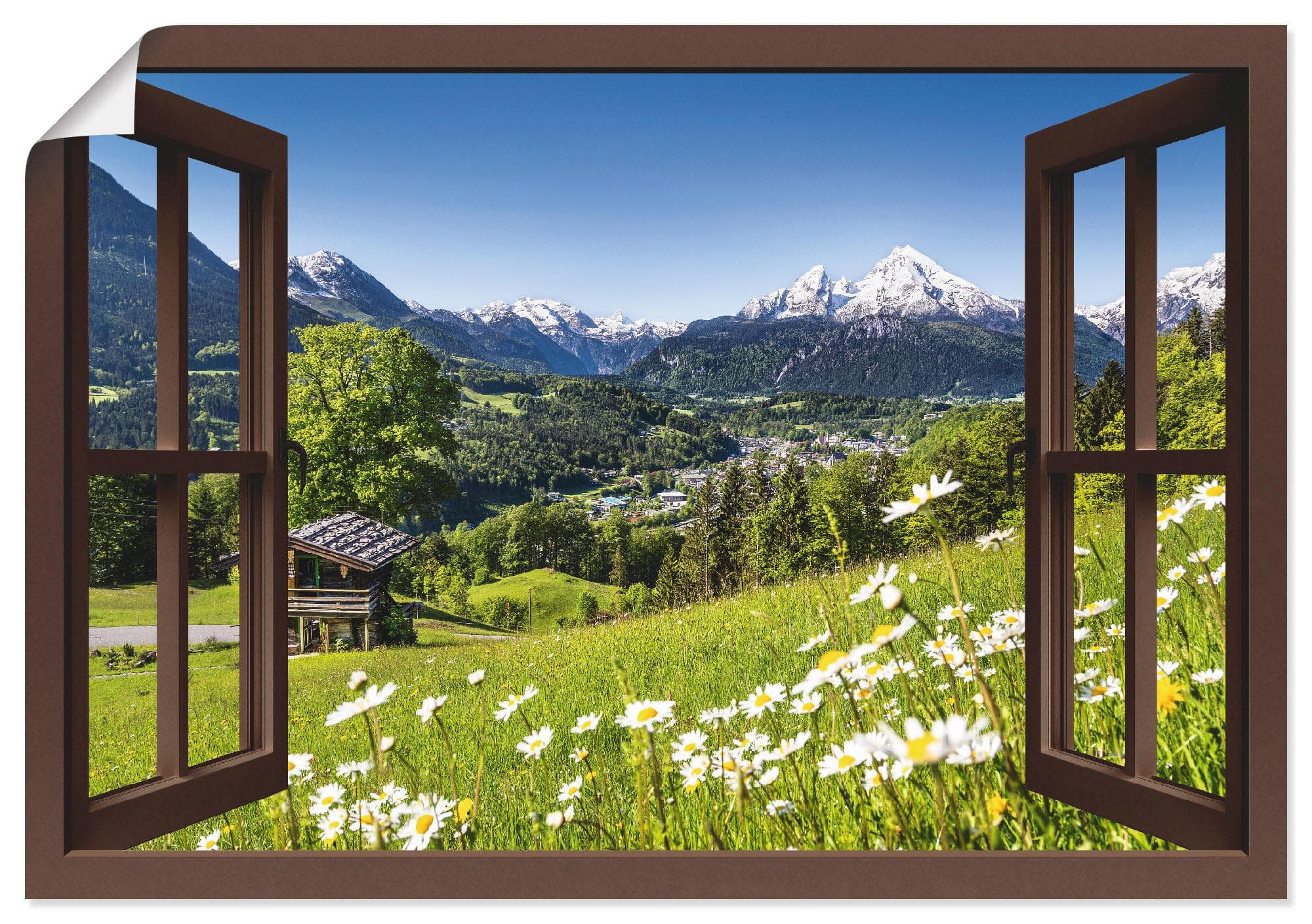 ARTLAND Wandbild Fensterblick Bayerischen Alpen Braun 70x50 cm