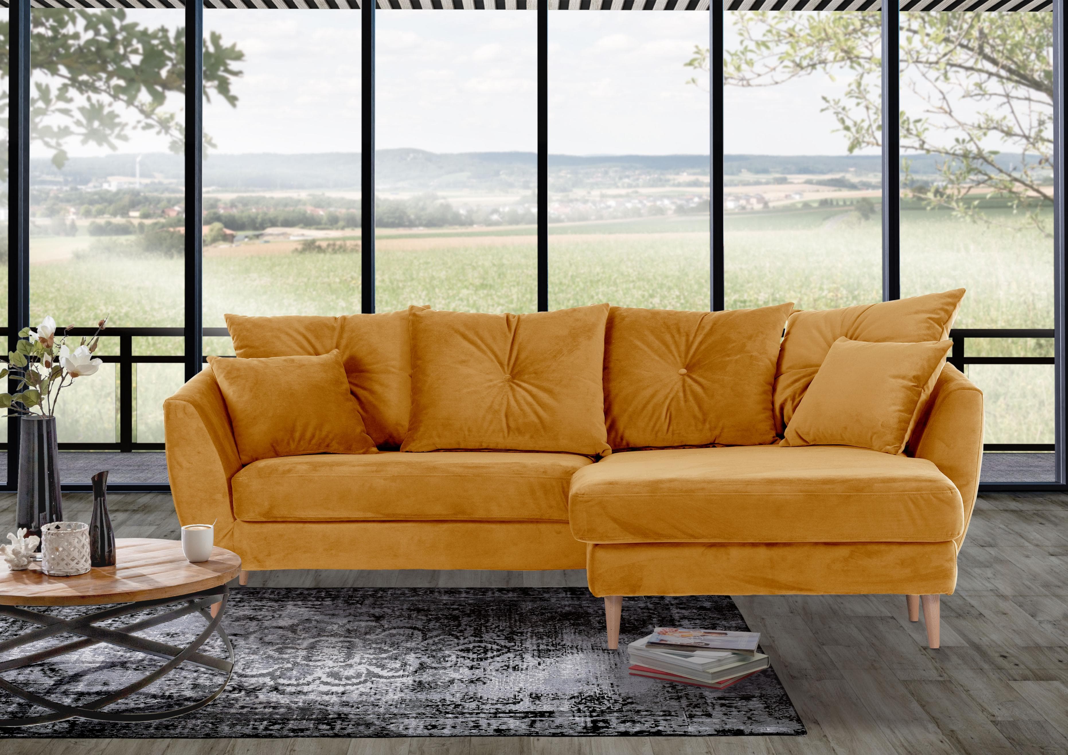 GUTMANN FACTORY Ecksofa Gelb Samtoptik mit Hocker