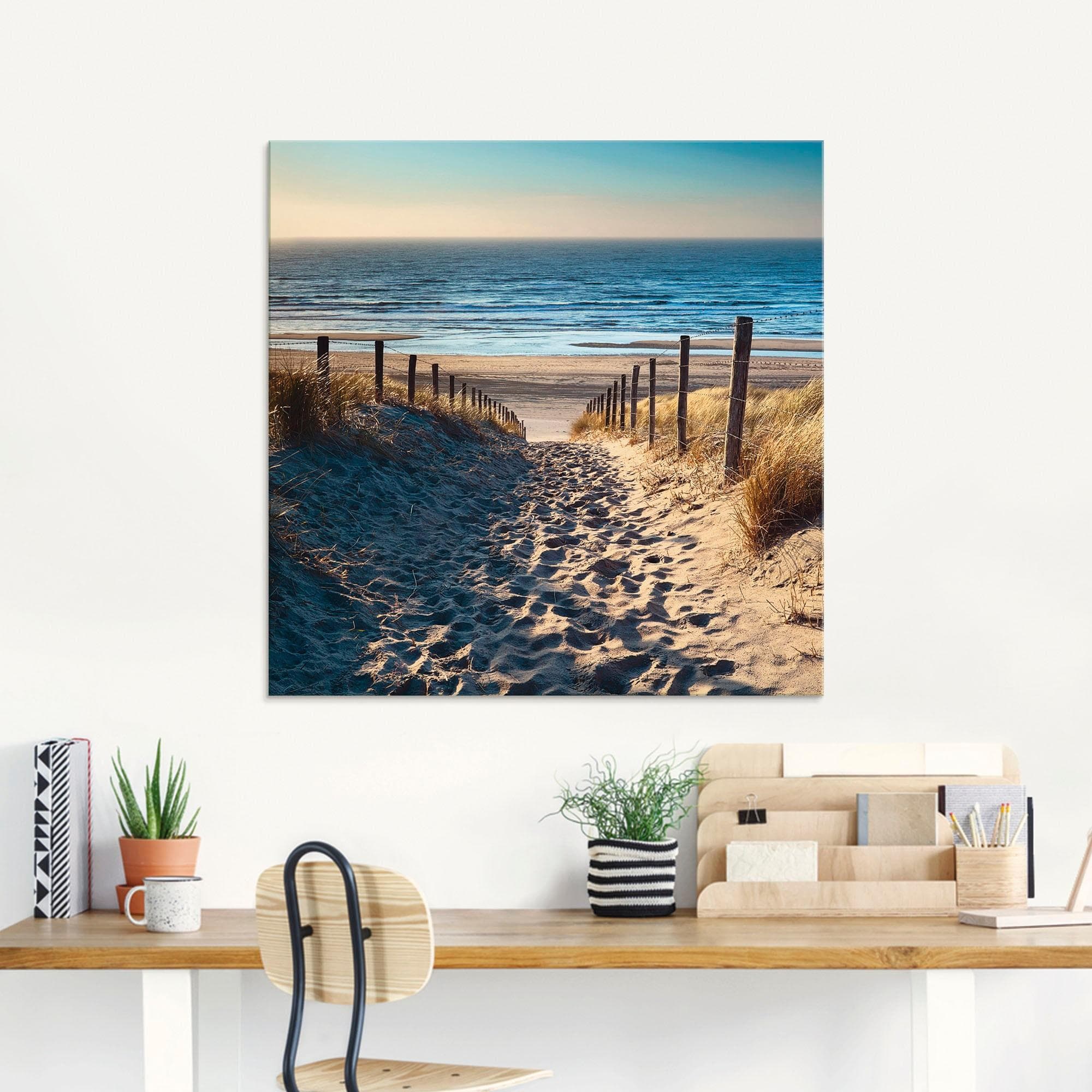 Artland Glasbild Weg zum Nordseestrand Sonnenuntergang Beige