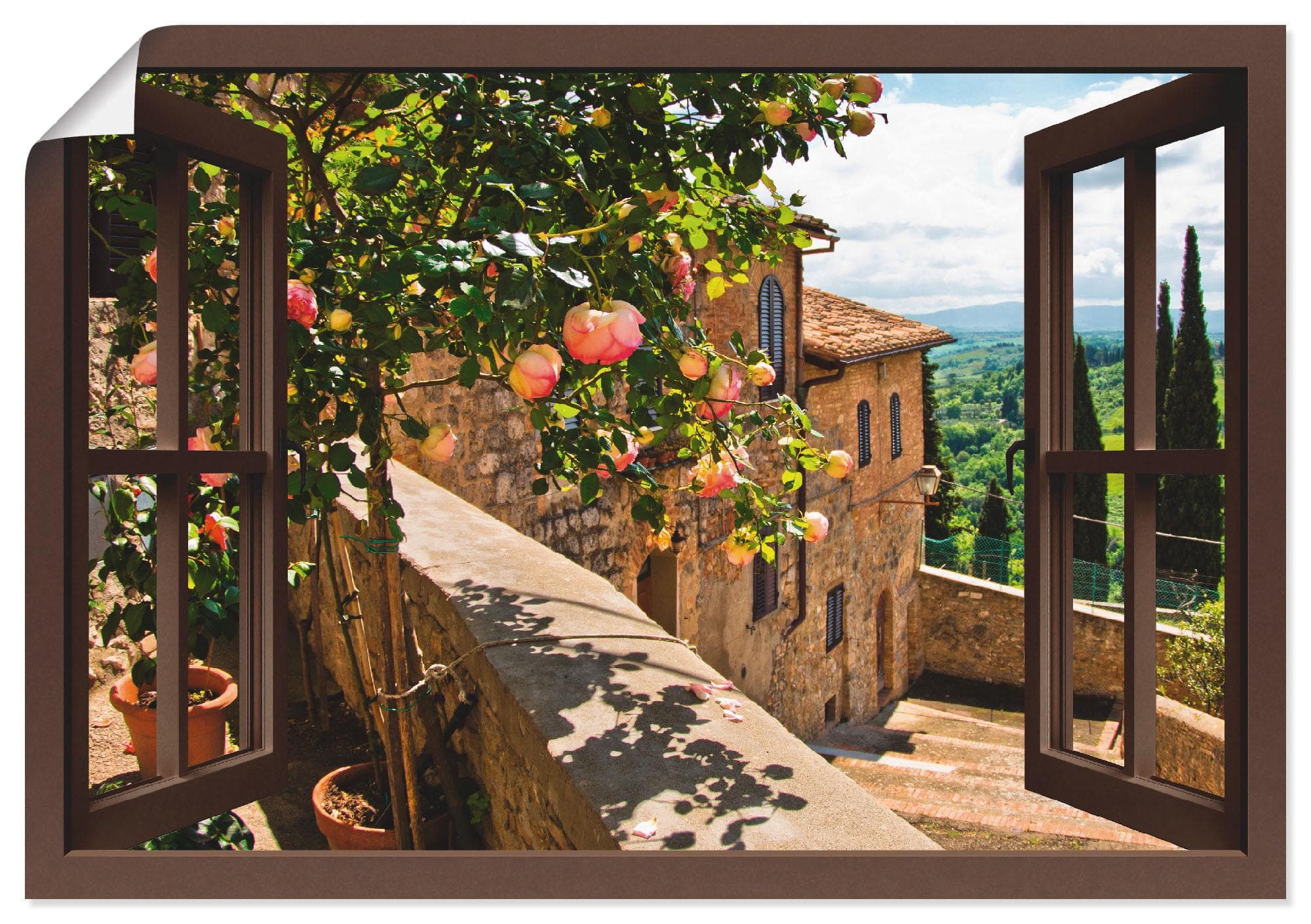 ARTLAND Wandbild "Fensterblick Rosen auf Balkon Toskana" Leinwandbild Poster