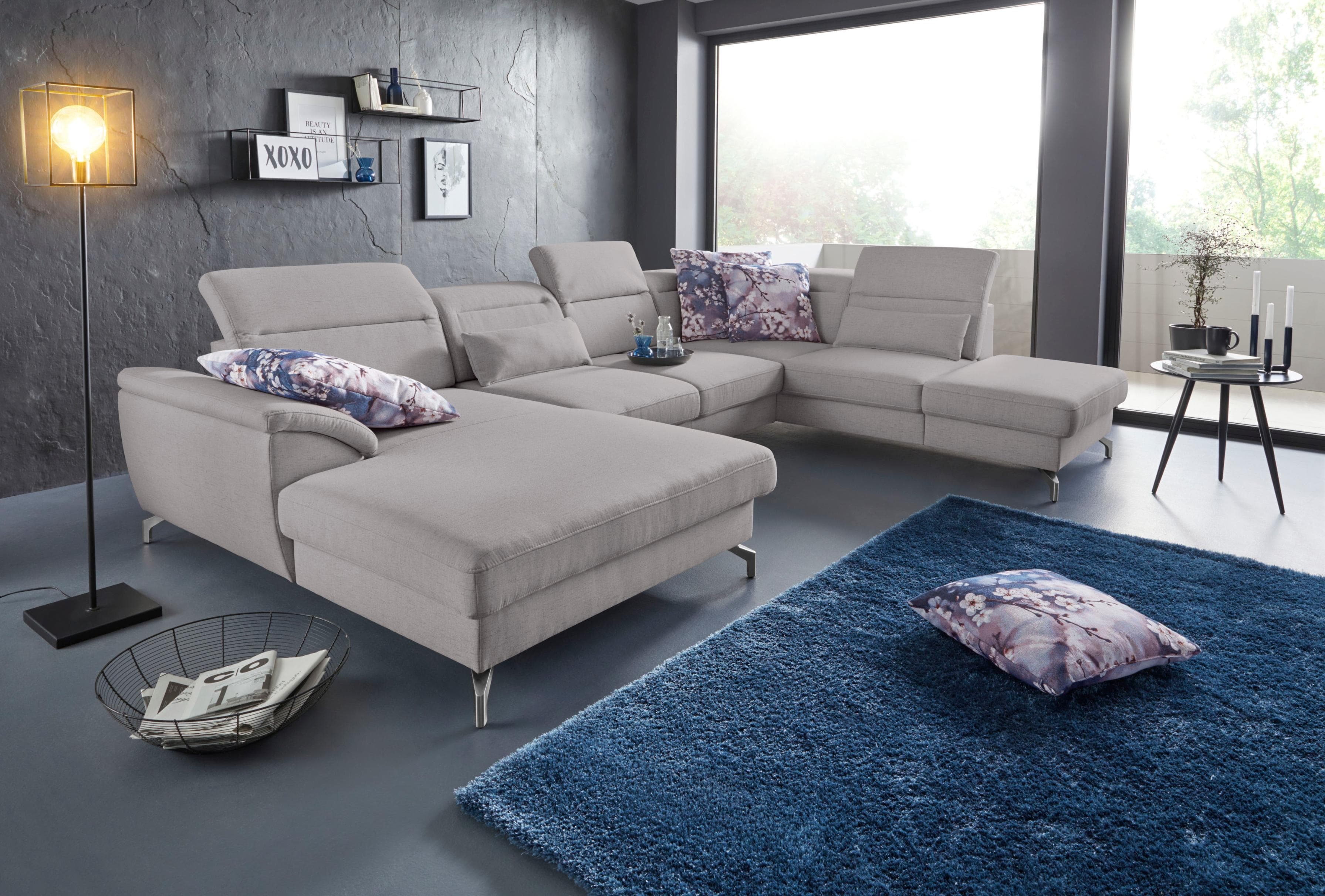 SIT & MORE Percy U-Form Wohnlandschaft Grau mit Recamiere